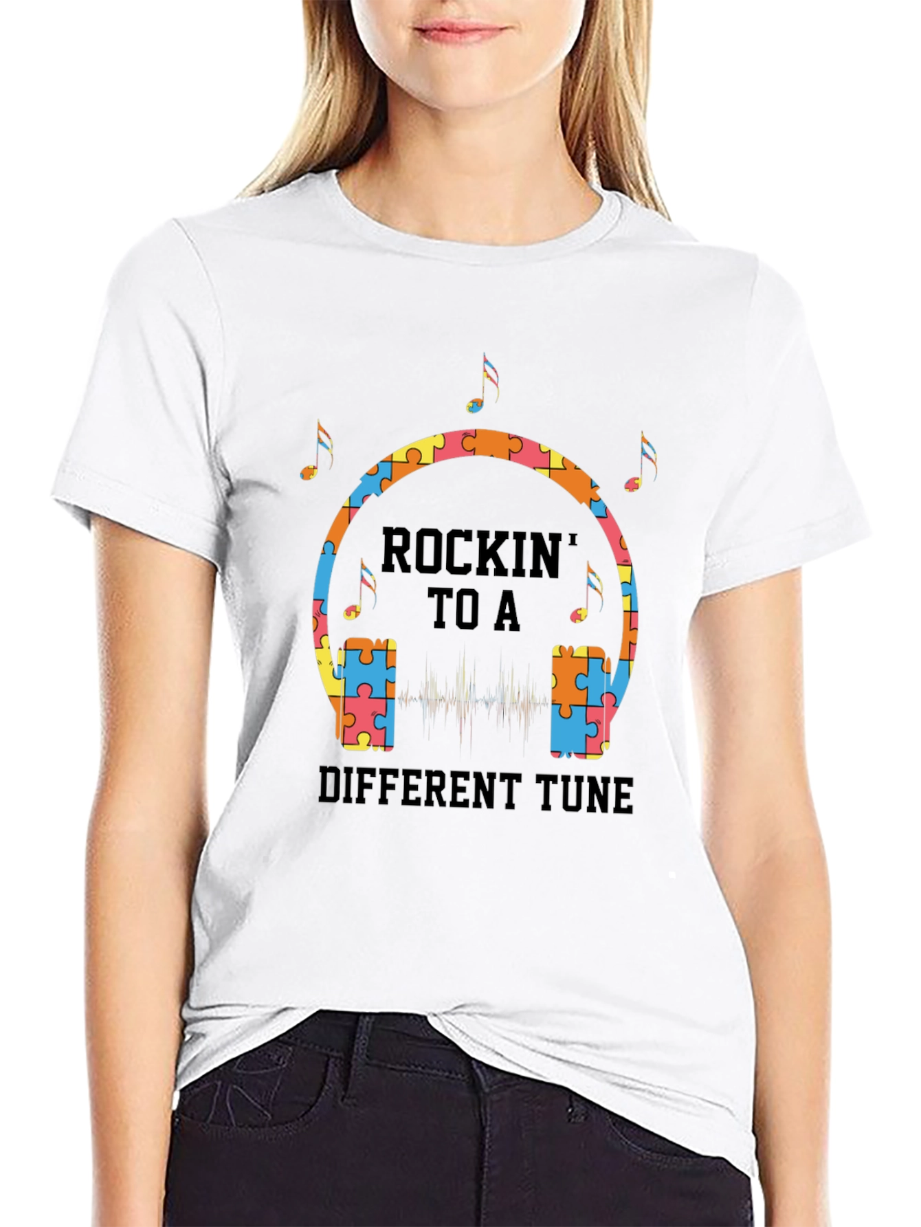 Black Rockin' to a Different Tune Autism Awareness T-Shirt view 9