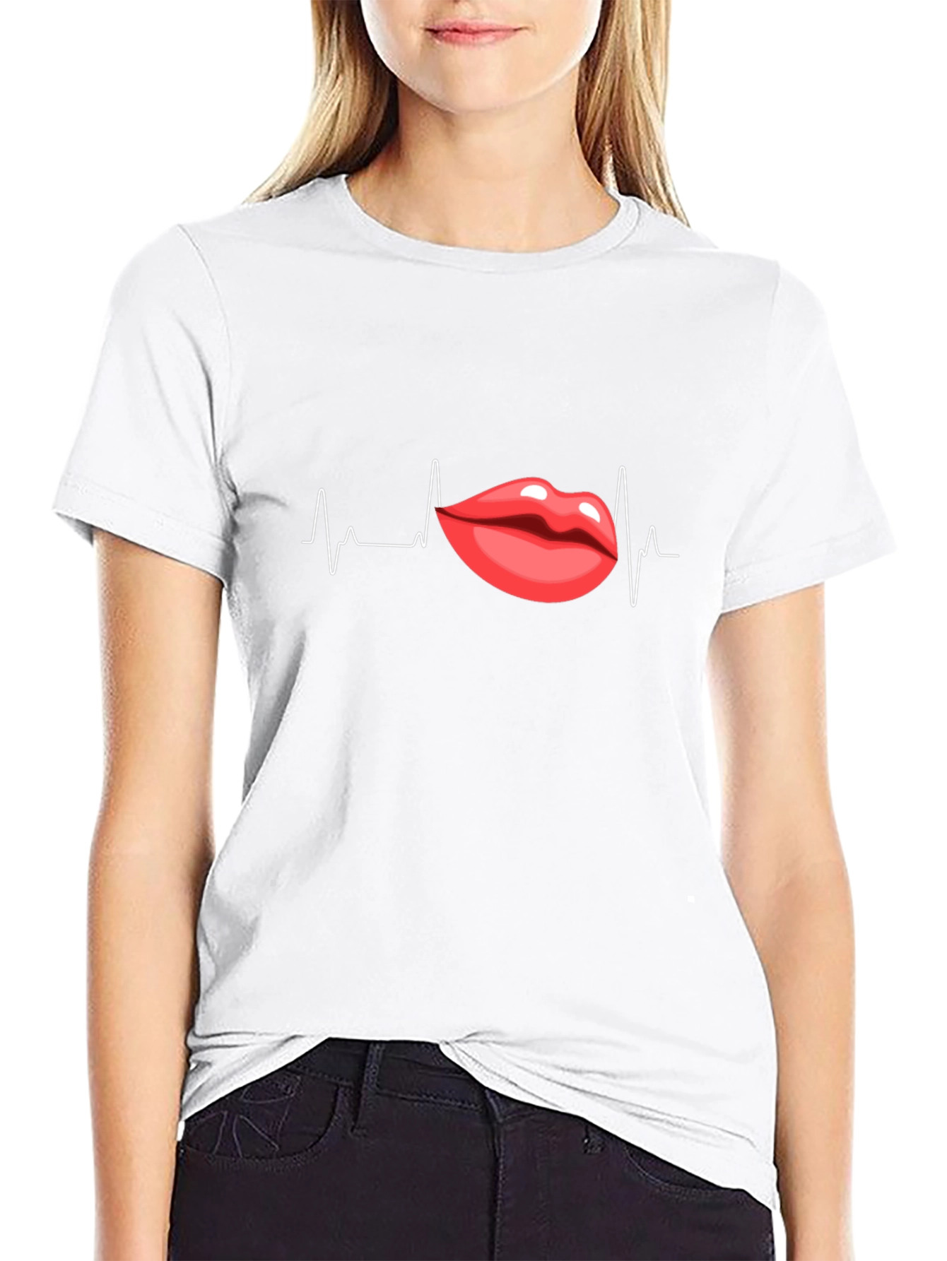 Black Heartbeat Lips Graphic Black T-Shirt view 9