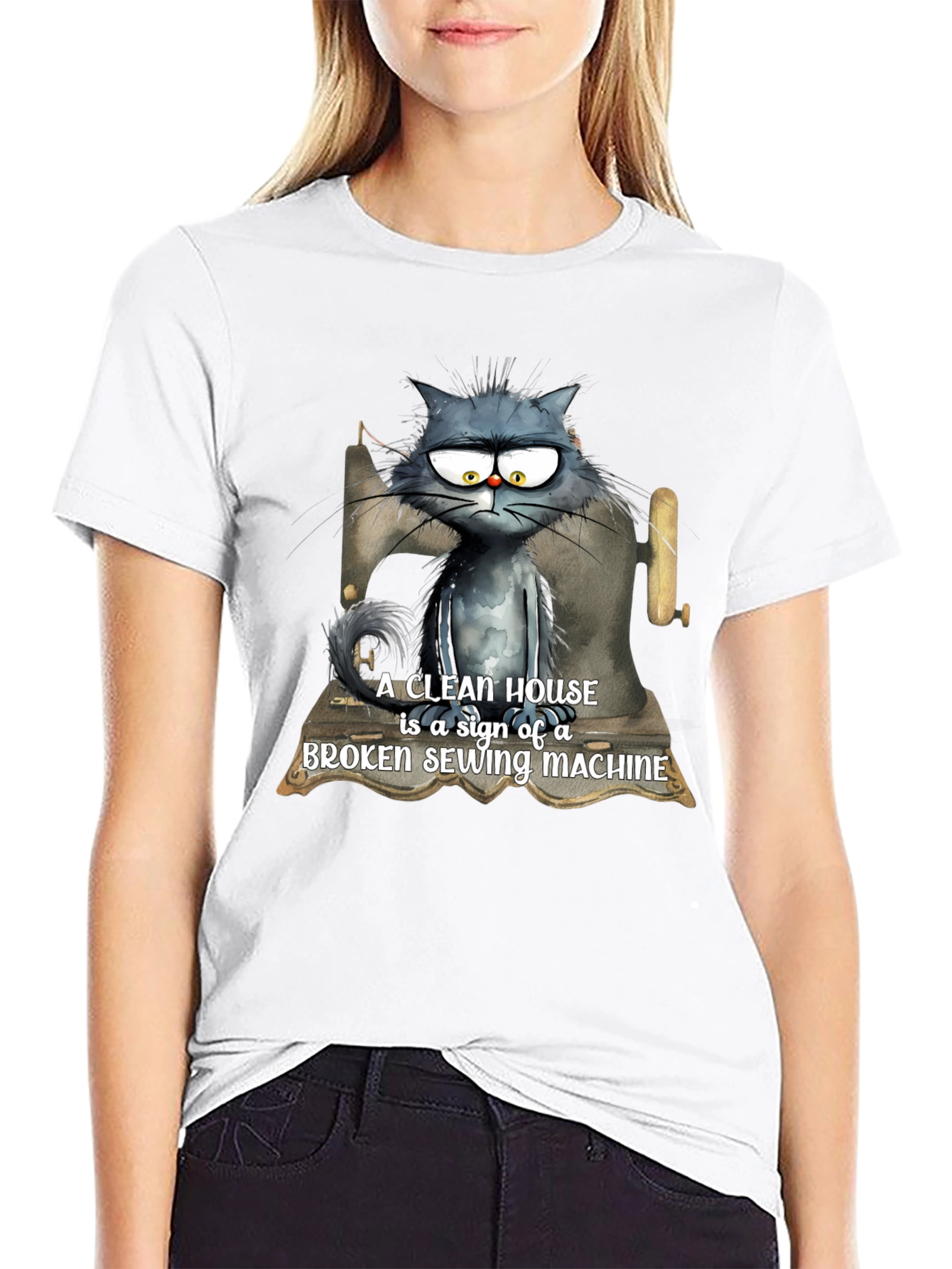Black Cat & Sewing Machine T-Shirt - Humorous Design view 9