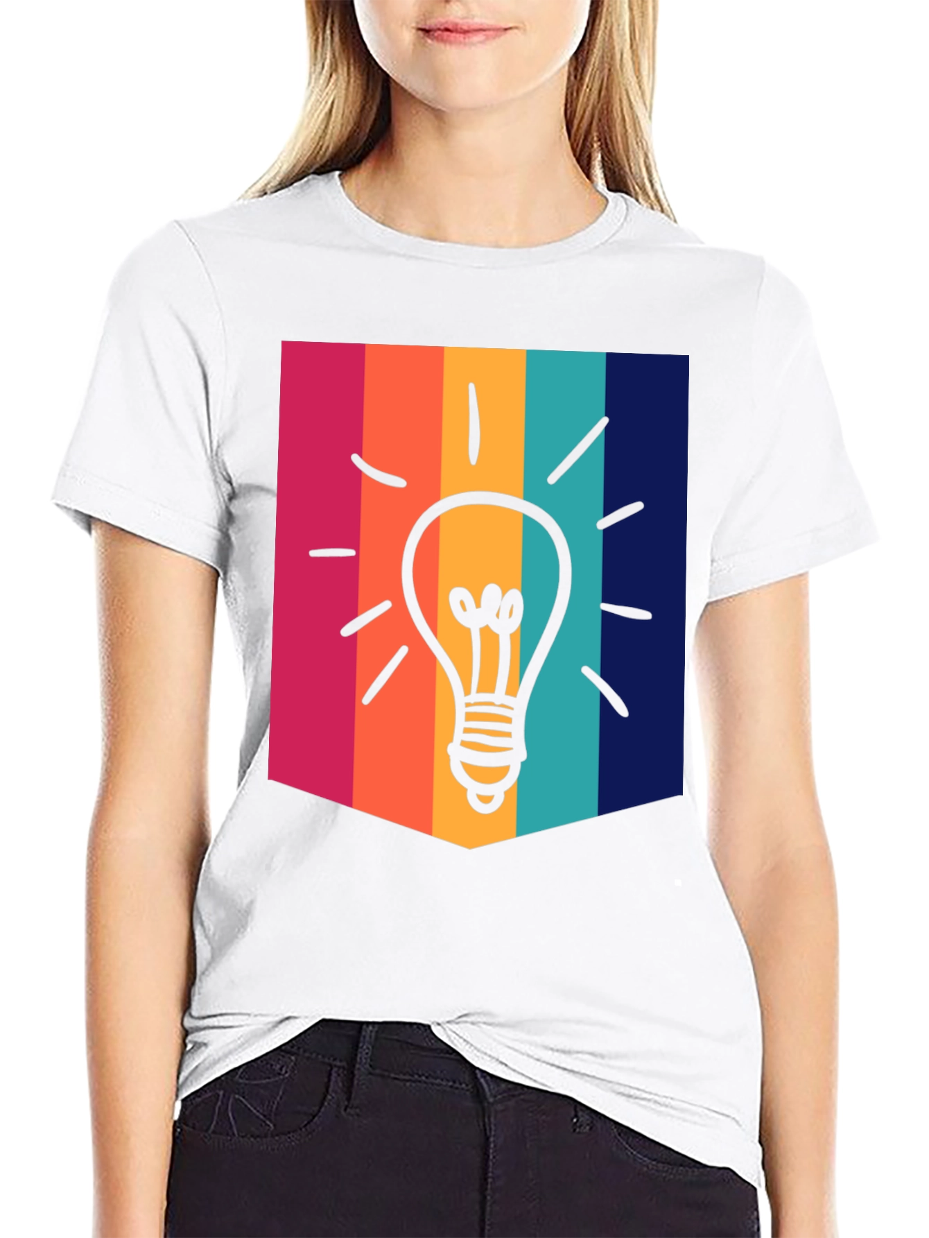 Black Creative Idea Bulb Colorful Stripe T-Shirt view 9