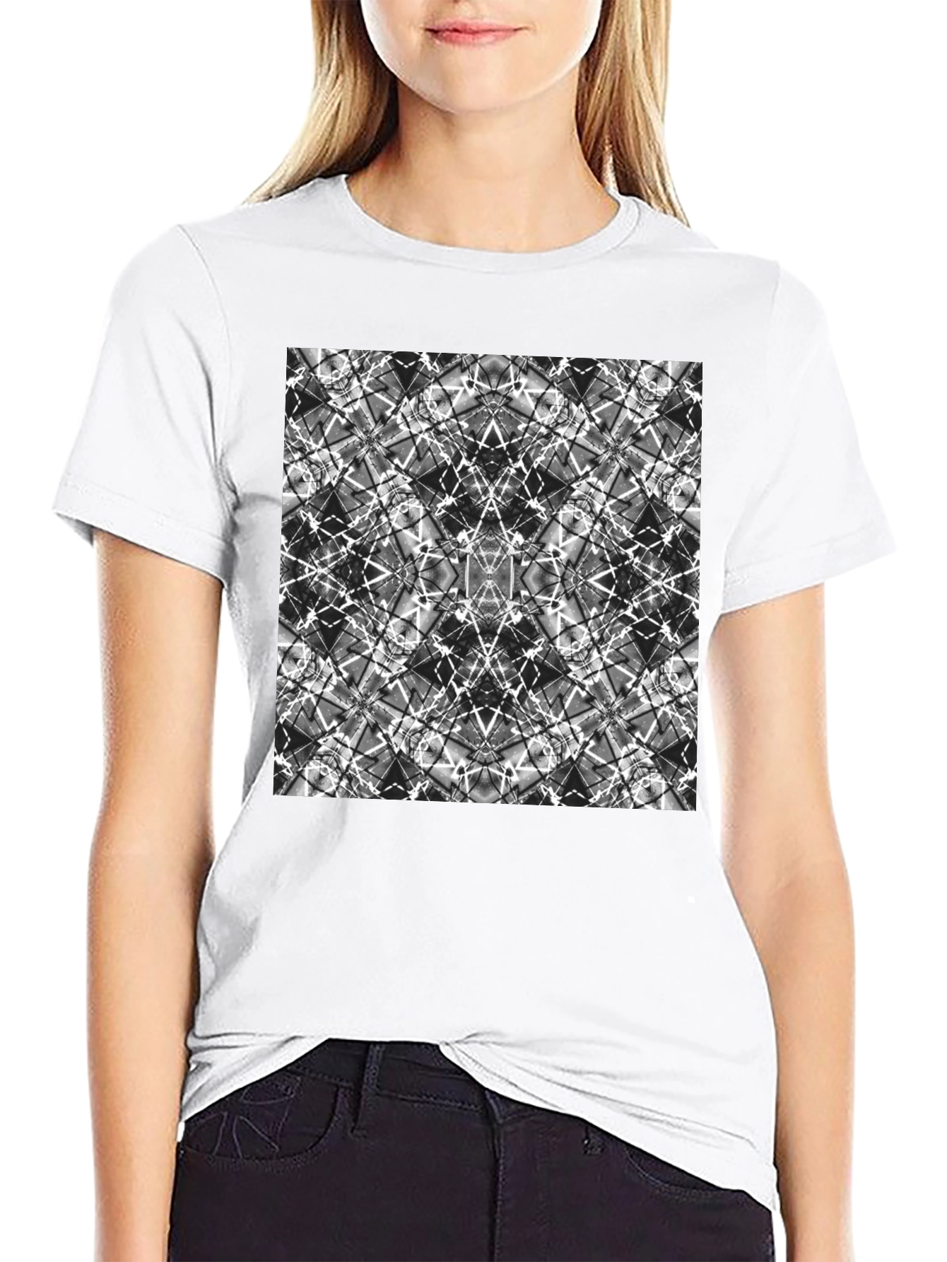 Black Abstract Geometric Print Black T-Shirt view 9