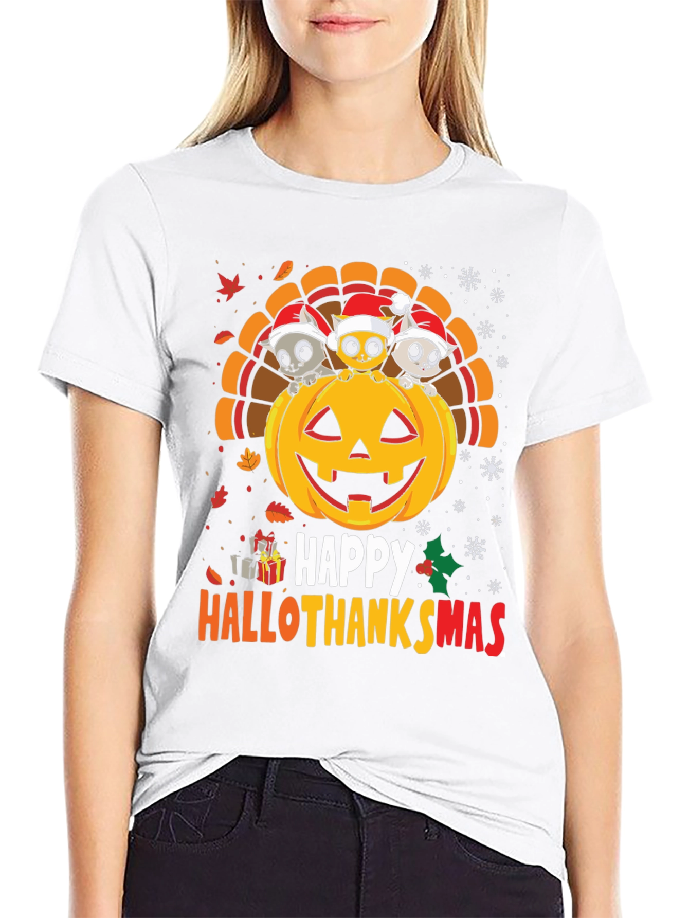 Black Happy Hallothanksmas T-Shirt view 9