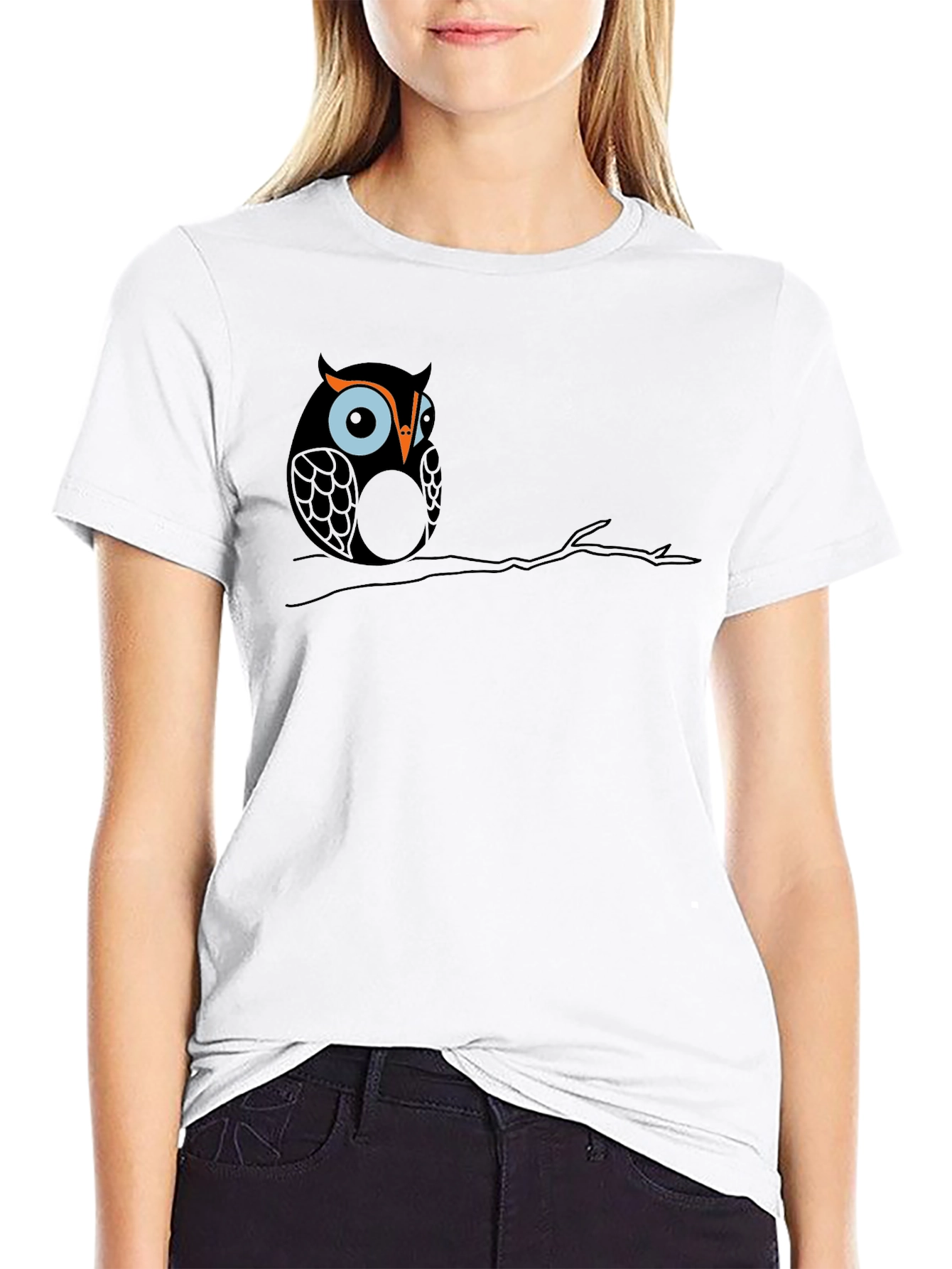 Black Owl on Branch Graphic Tee - Black Cotton T-Shirt view 9