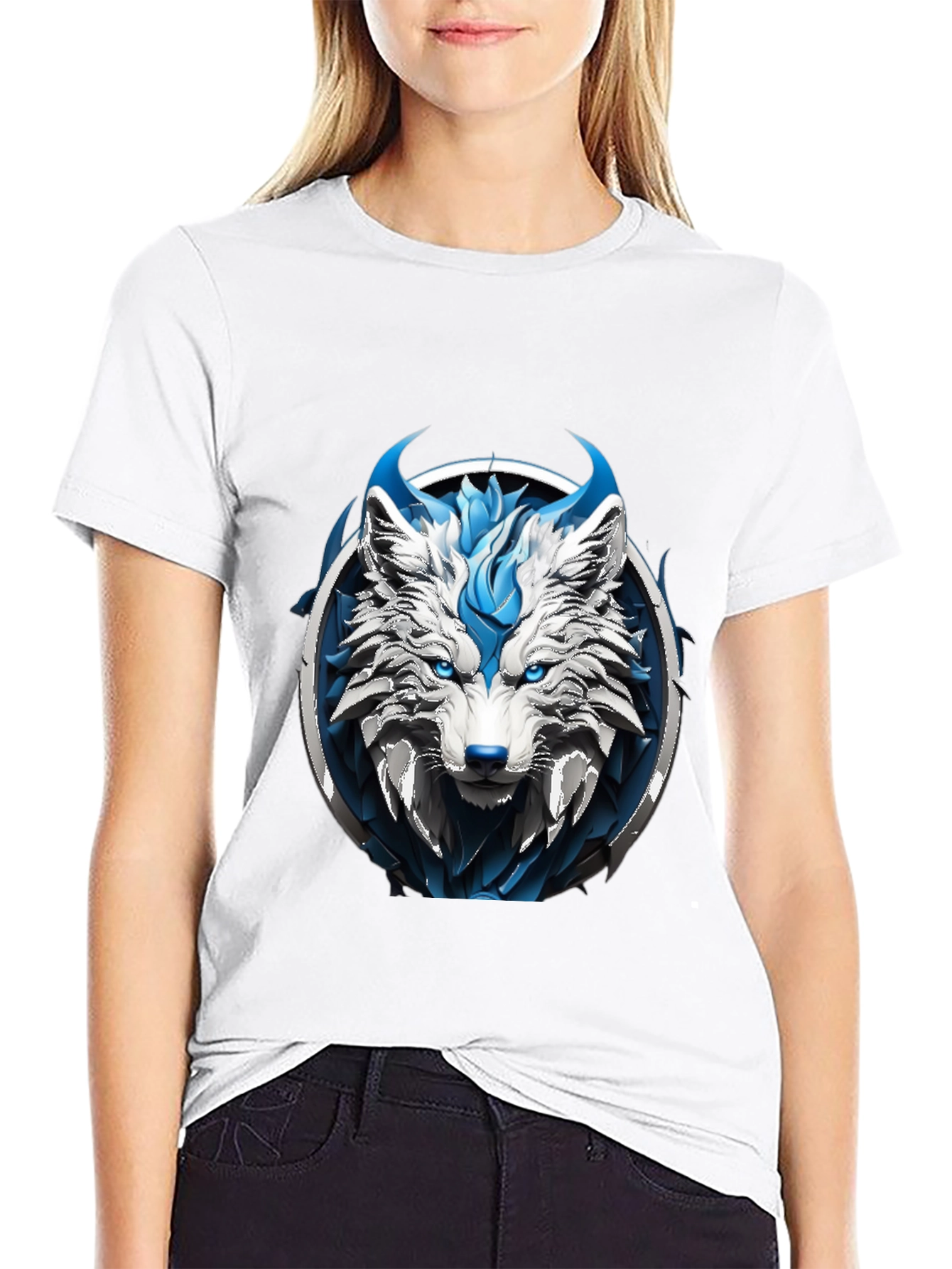 Black Abstract Blue Wolf Graphic Tee view 9