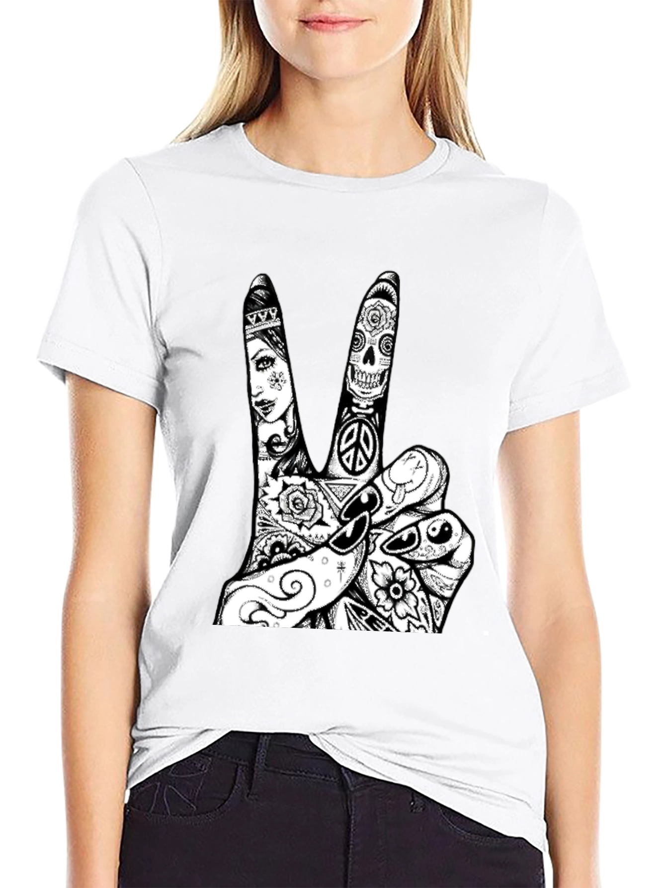 Black Peace Sign Tattoo Graphic Tee - Black Cotton T-Shirt view 9