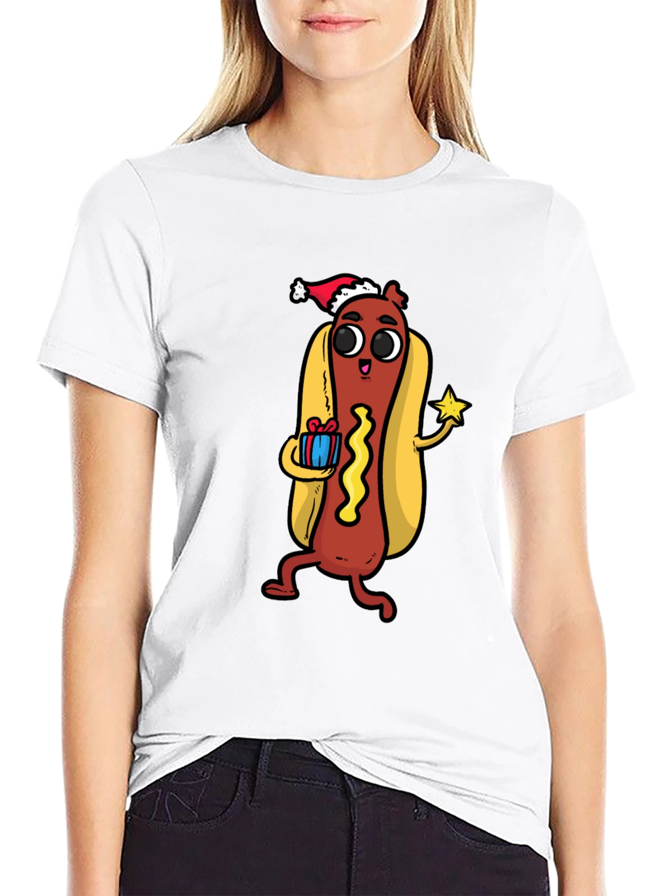 Black Festive Hot Dog Graphic Tee - Holiday Fun! view 9