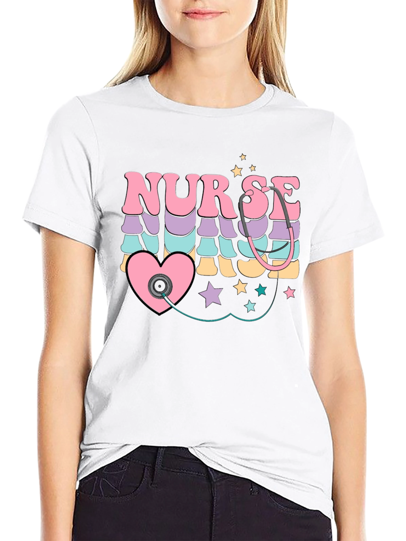 Black Retro Nurse T-Shirt with Stethoscope Heart Design view 9