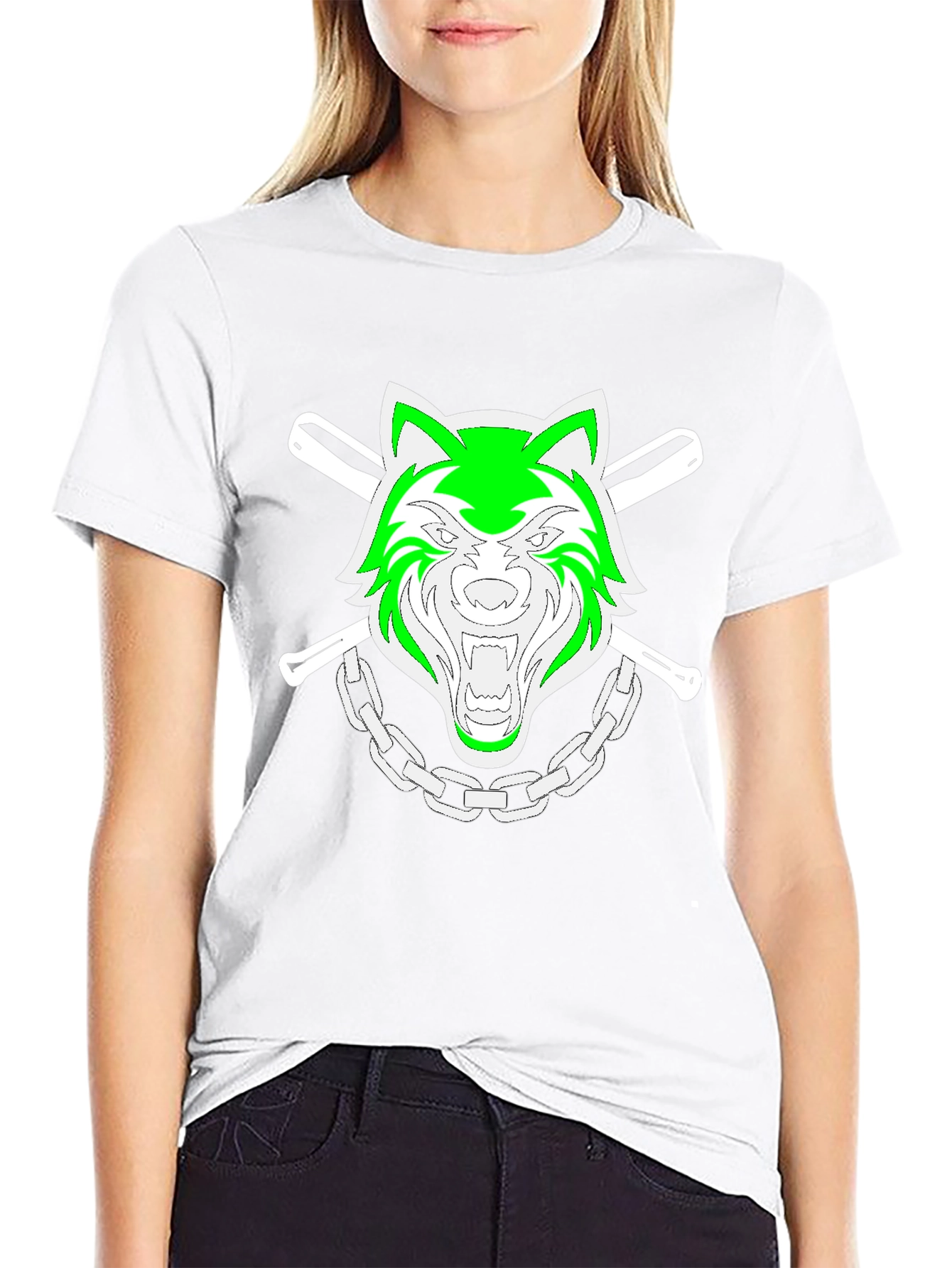 Black Green Wolf Graphic Black T-Shirt view 9