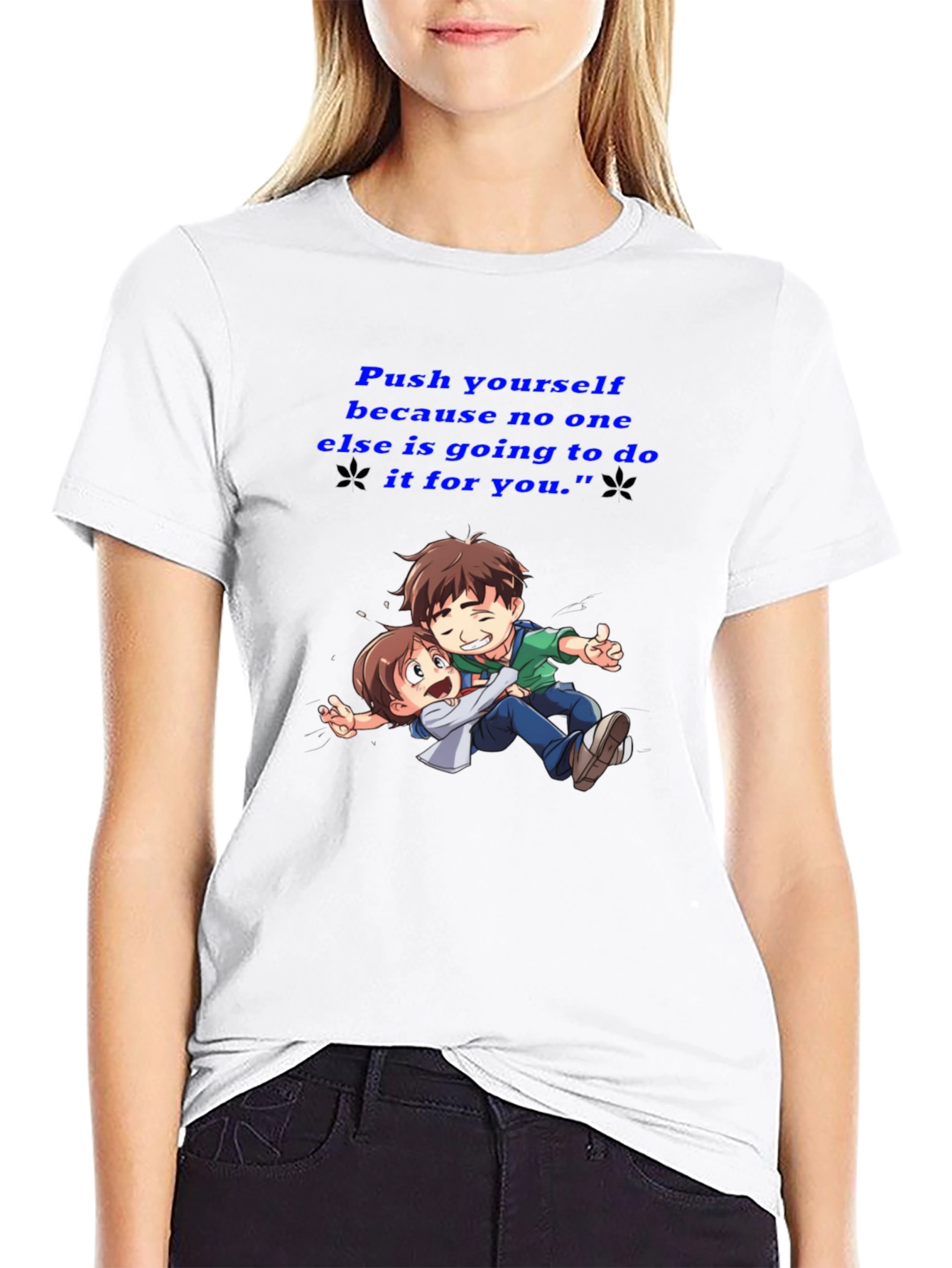 Black Motivational Black T-Shirt: "Push Yourself" Anime Design view 9