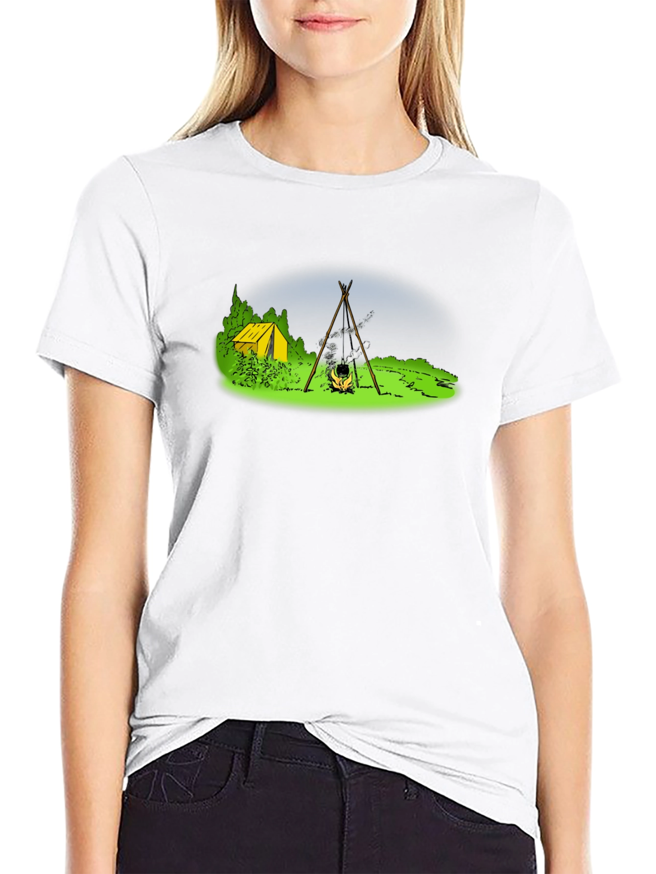 Black Camping T-Shirt - Tent & Bonfire Graphic Tee view 9