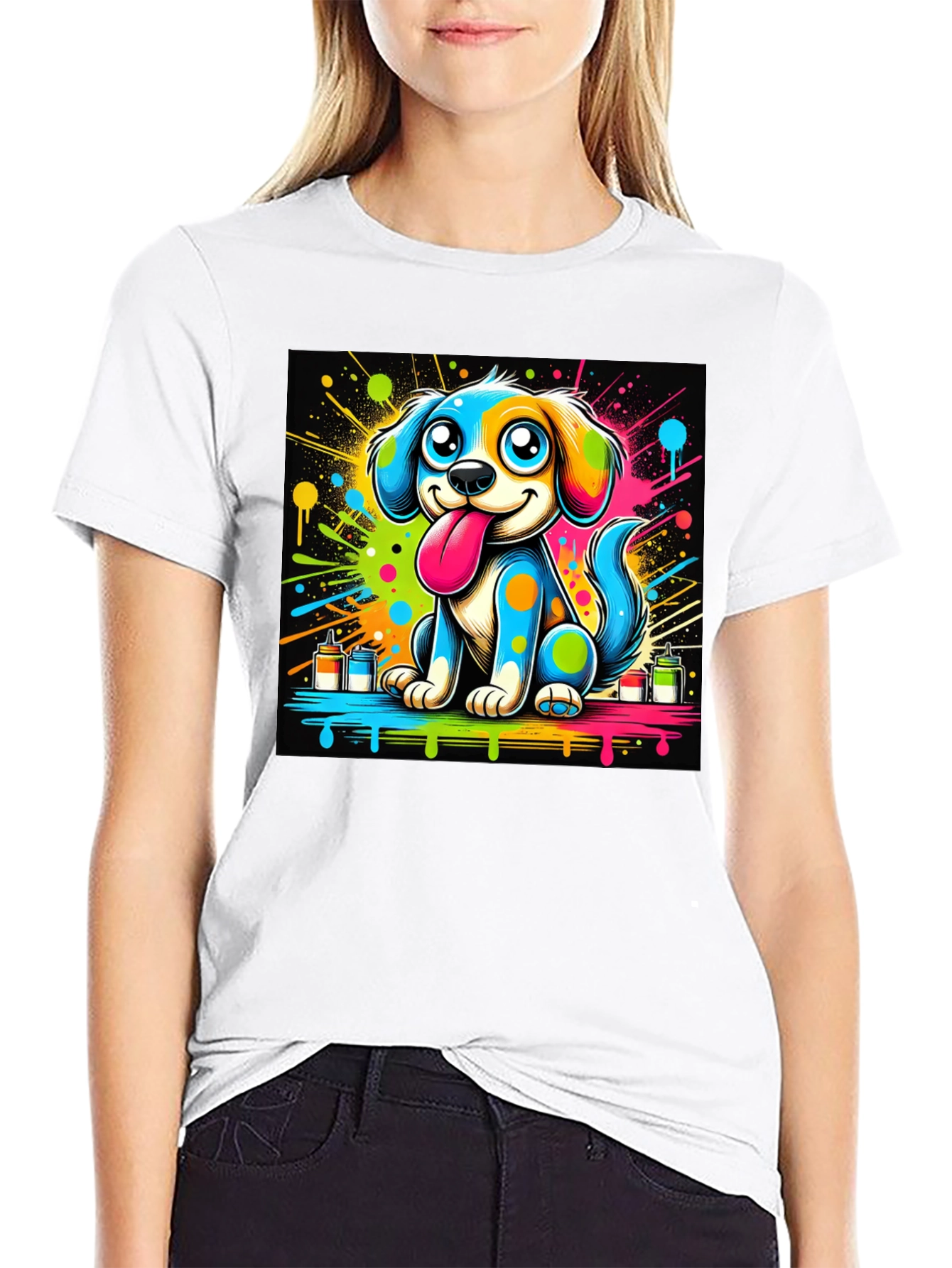 Black Colorful Cartoon Dog Graphic Tee view 9