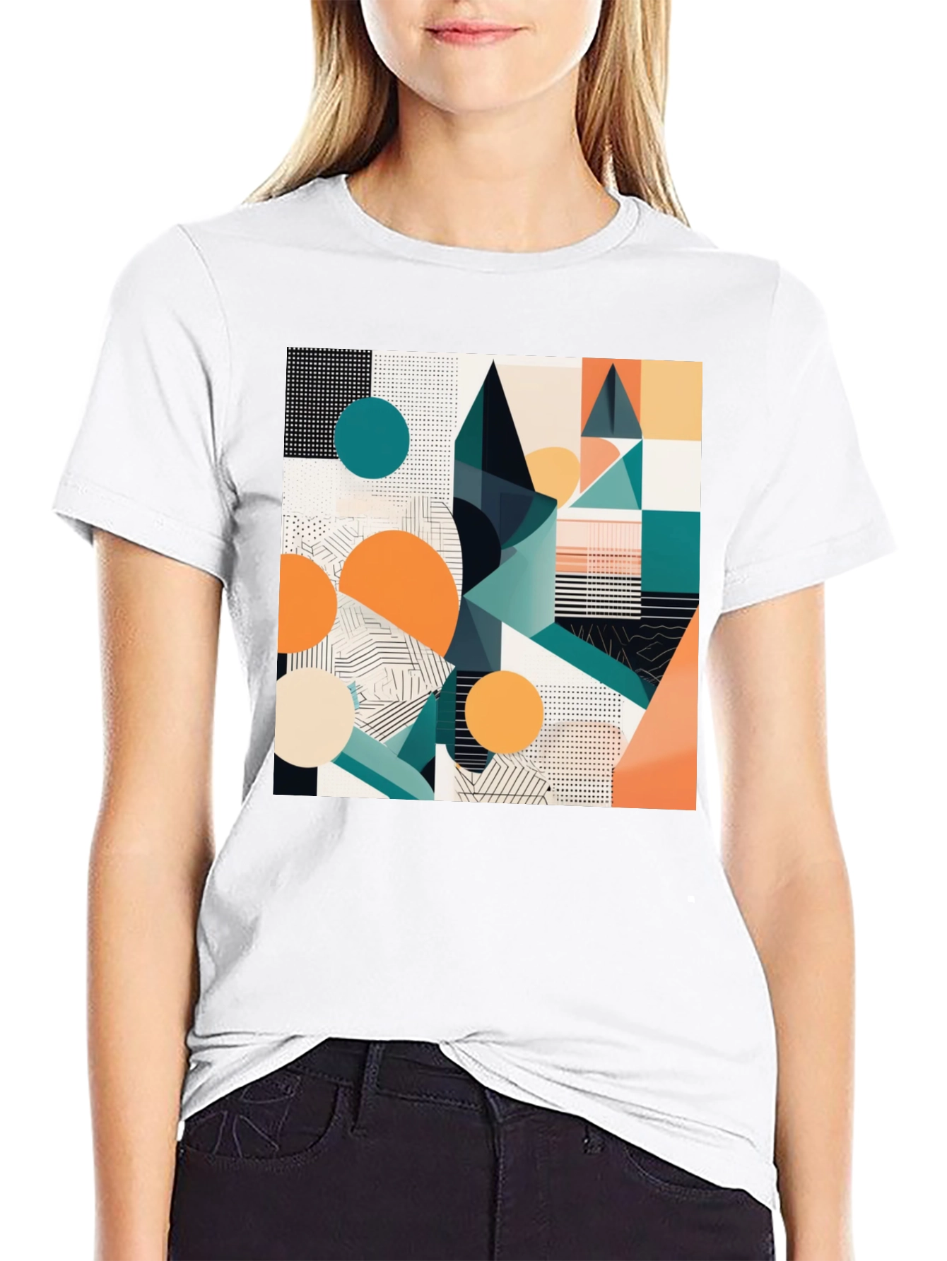 Black Abstract Geometric Print Black T-Shirt view 9