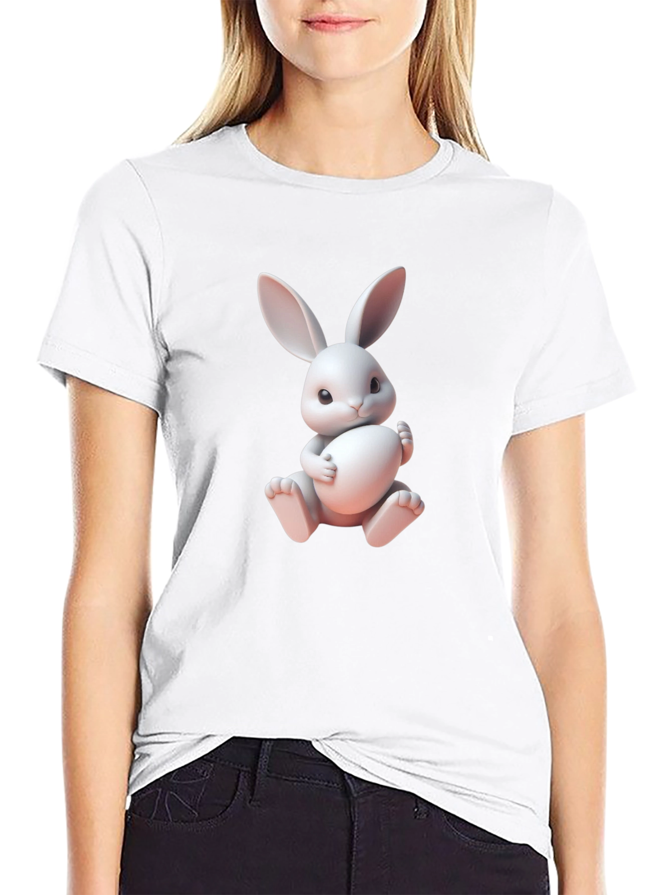 Black Cute Bunny Graphic Tee - Soft Cotton Blend view 9
