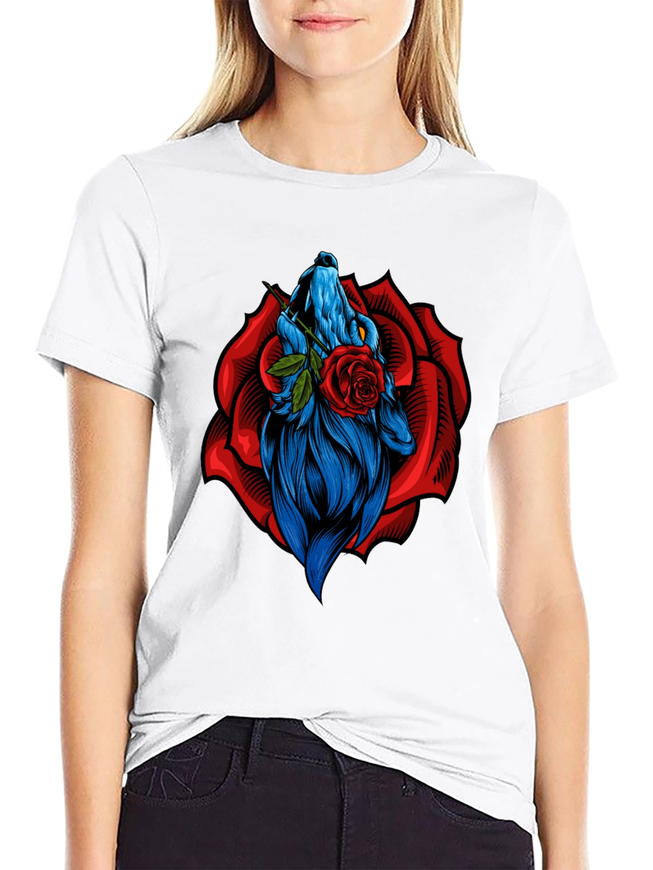 Black Wolf Rose Graphic T-Shirt - Unique Animal Design view 9