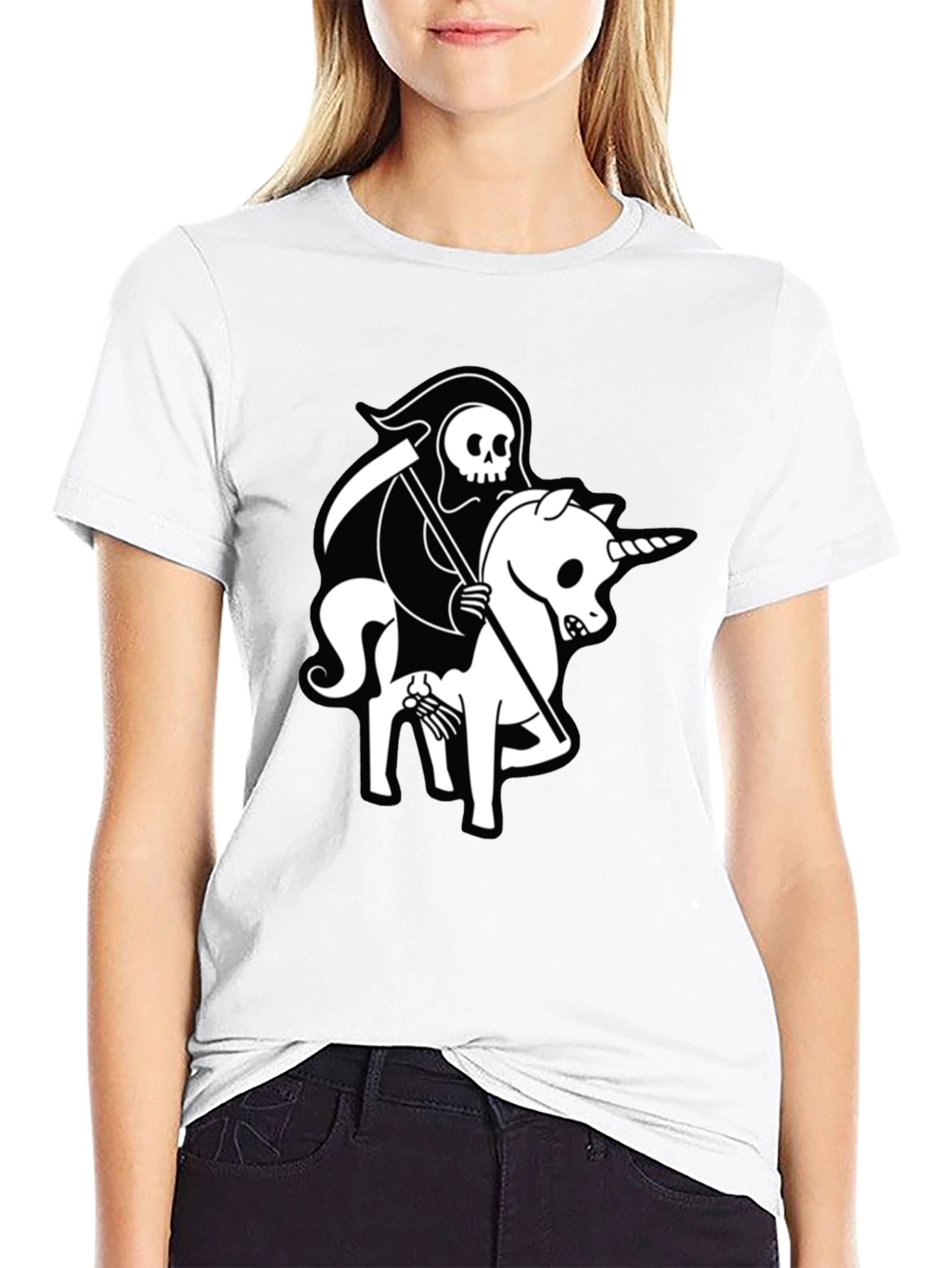 Black Grim Reaper Unicorn Graphic Tee - Black Cotton T-Shirt view 9