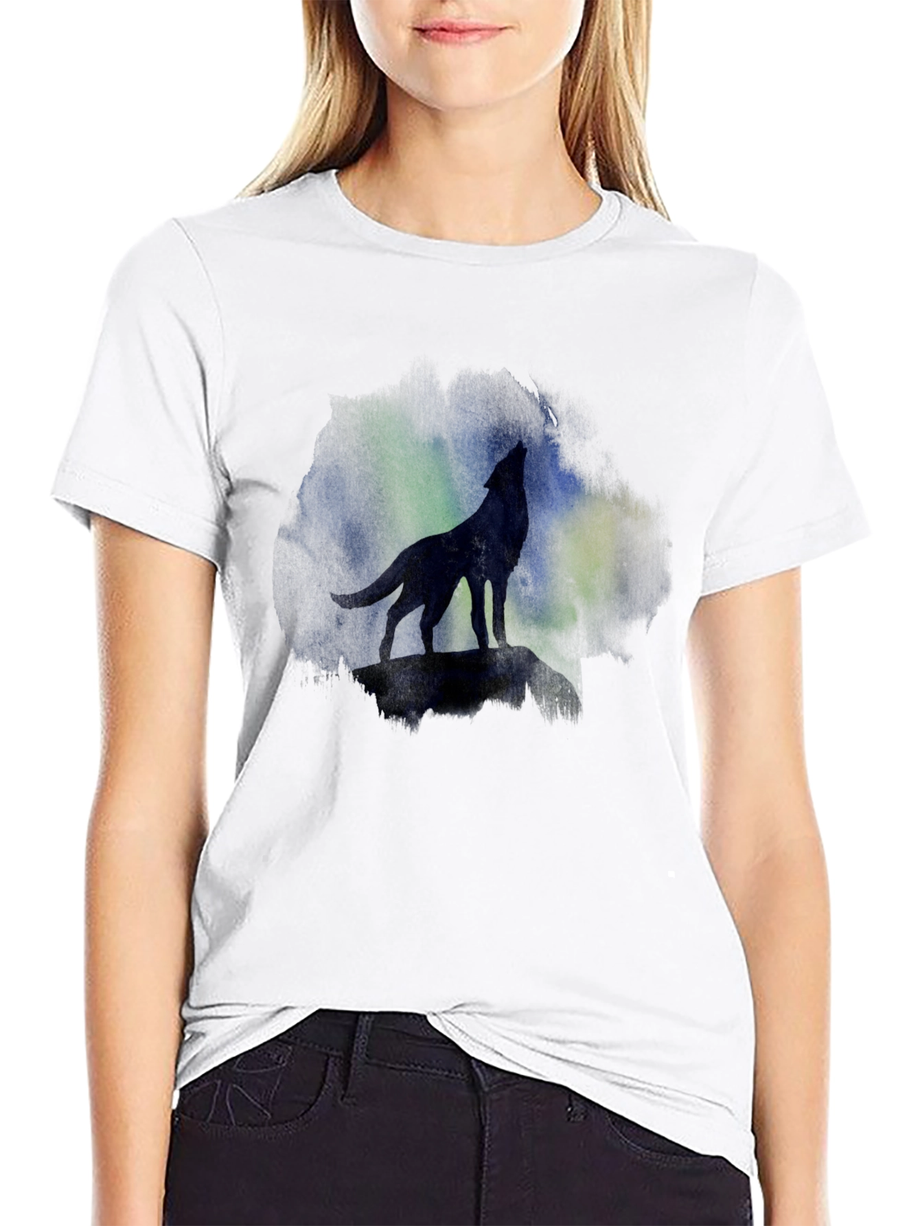 Black Wolf Howling at Aurora Borealis T-Shirt view 9