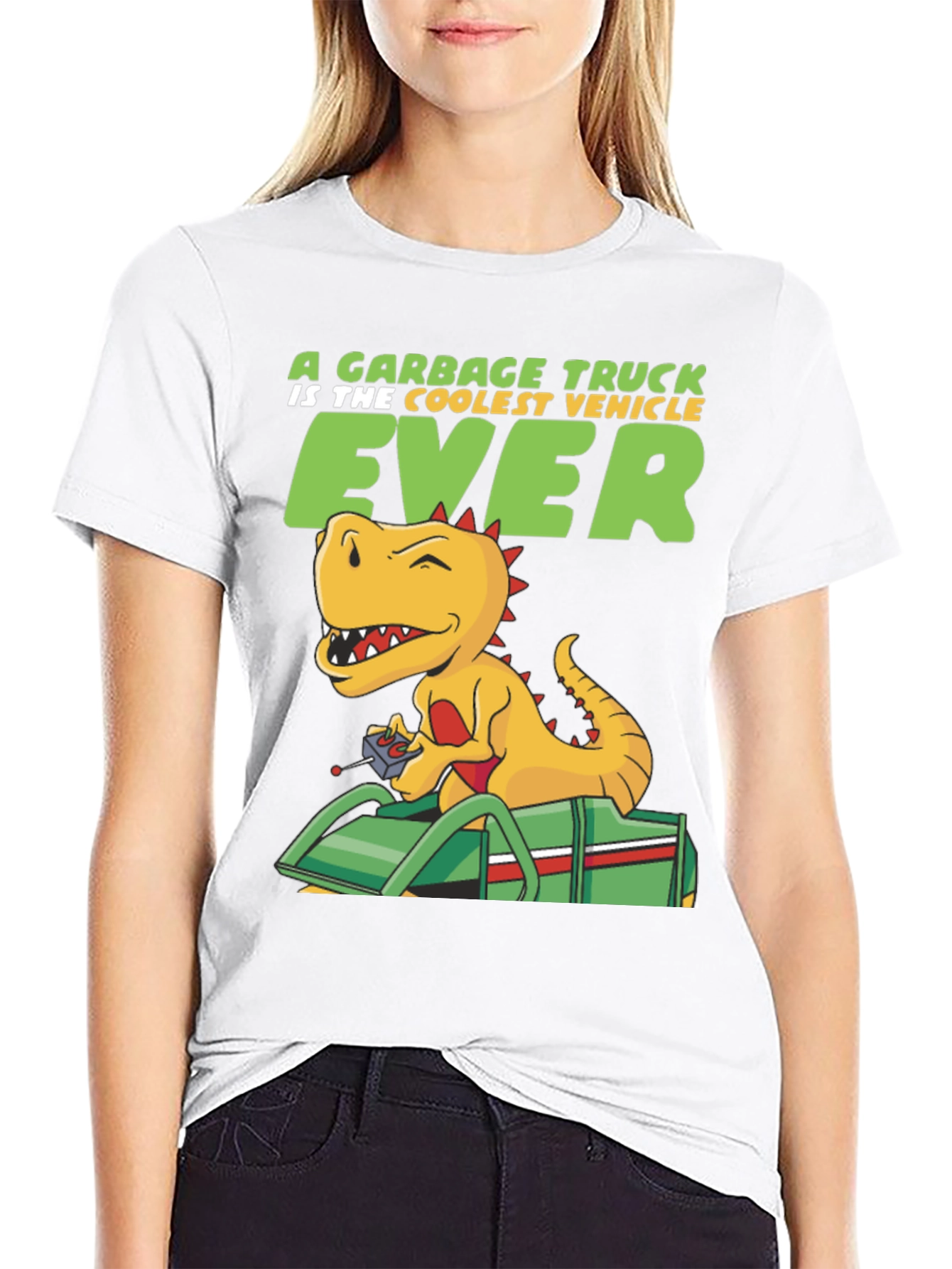 Black Cool Dinosaur Garbage Truck T-Shirt view 9