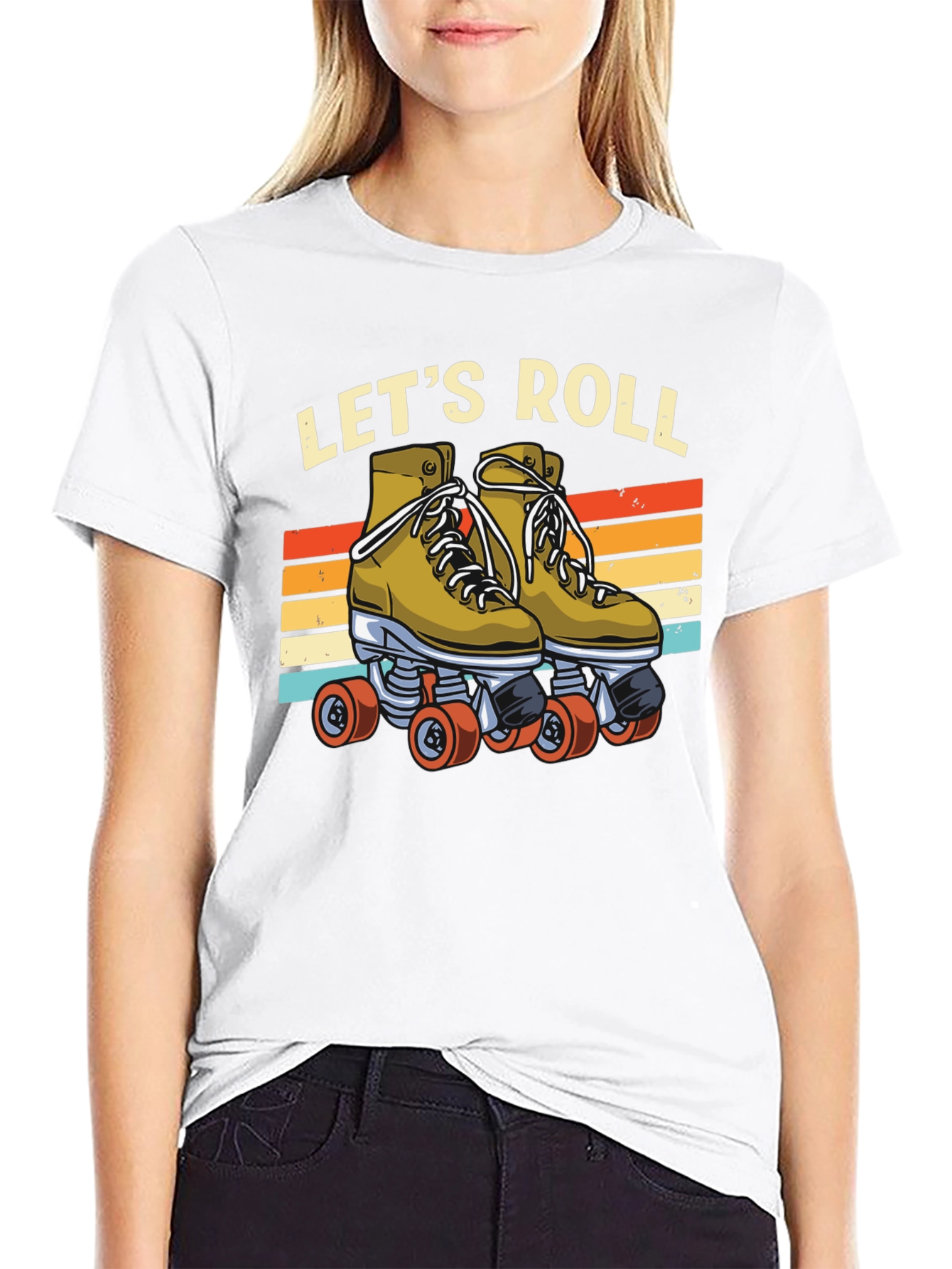 Black Let's Roll Retro Roller Skate T-Shirt view 9