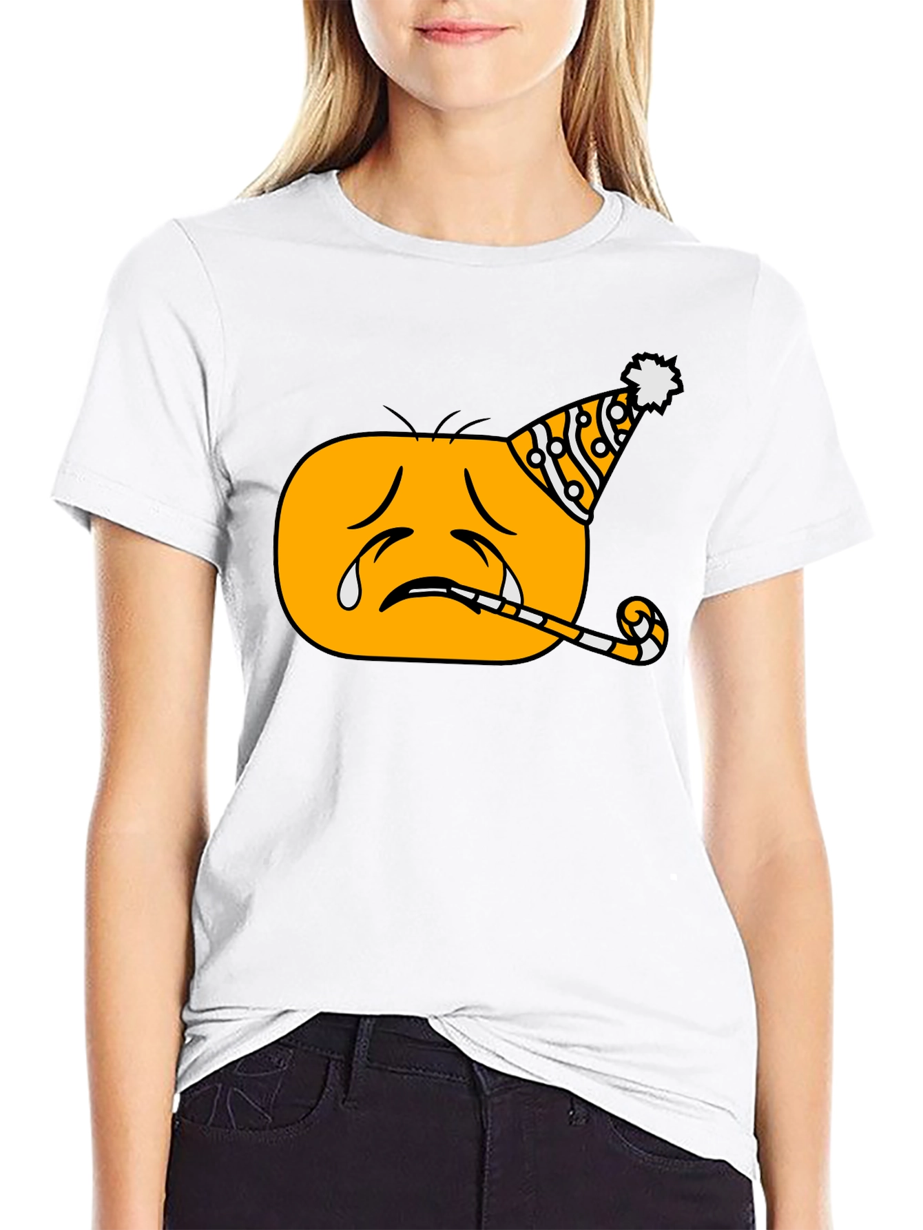 Black Sad Party Emoji Graphic T-Shirt - Black Crew Neck view 9