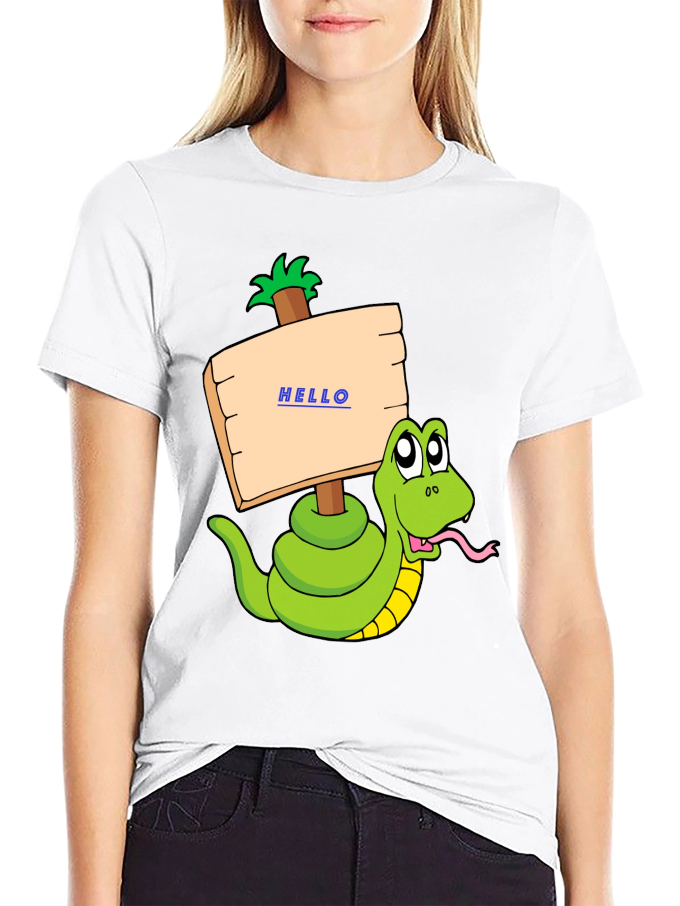 Black Funny Snake Graphic T-Shirt - Hello Sign view 9