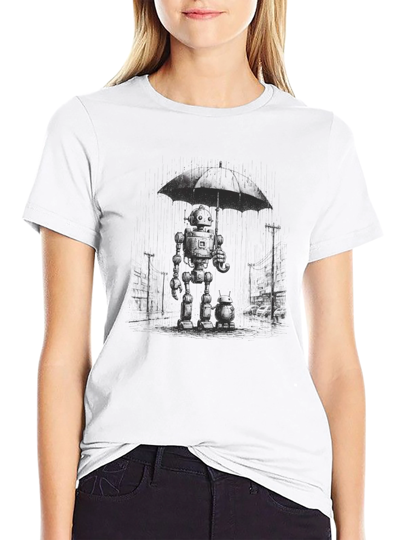 Black Robot Umbrella T-Shirt - Dark Graphic Tee view 9