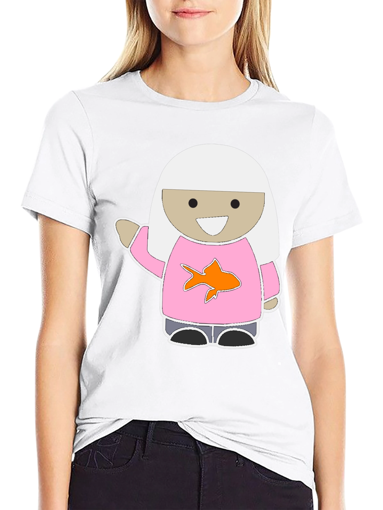 Black Cute Cartoon Girl Pink Fish T-Shirt view 9