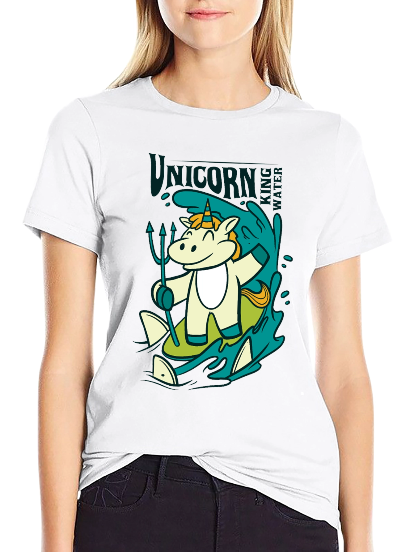 Black Unicorn Surfing T-Shirt: Cartoon Graphic Tee view 9