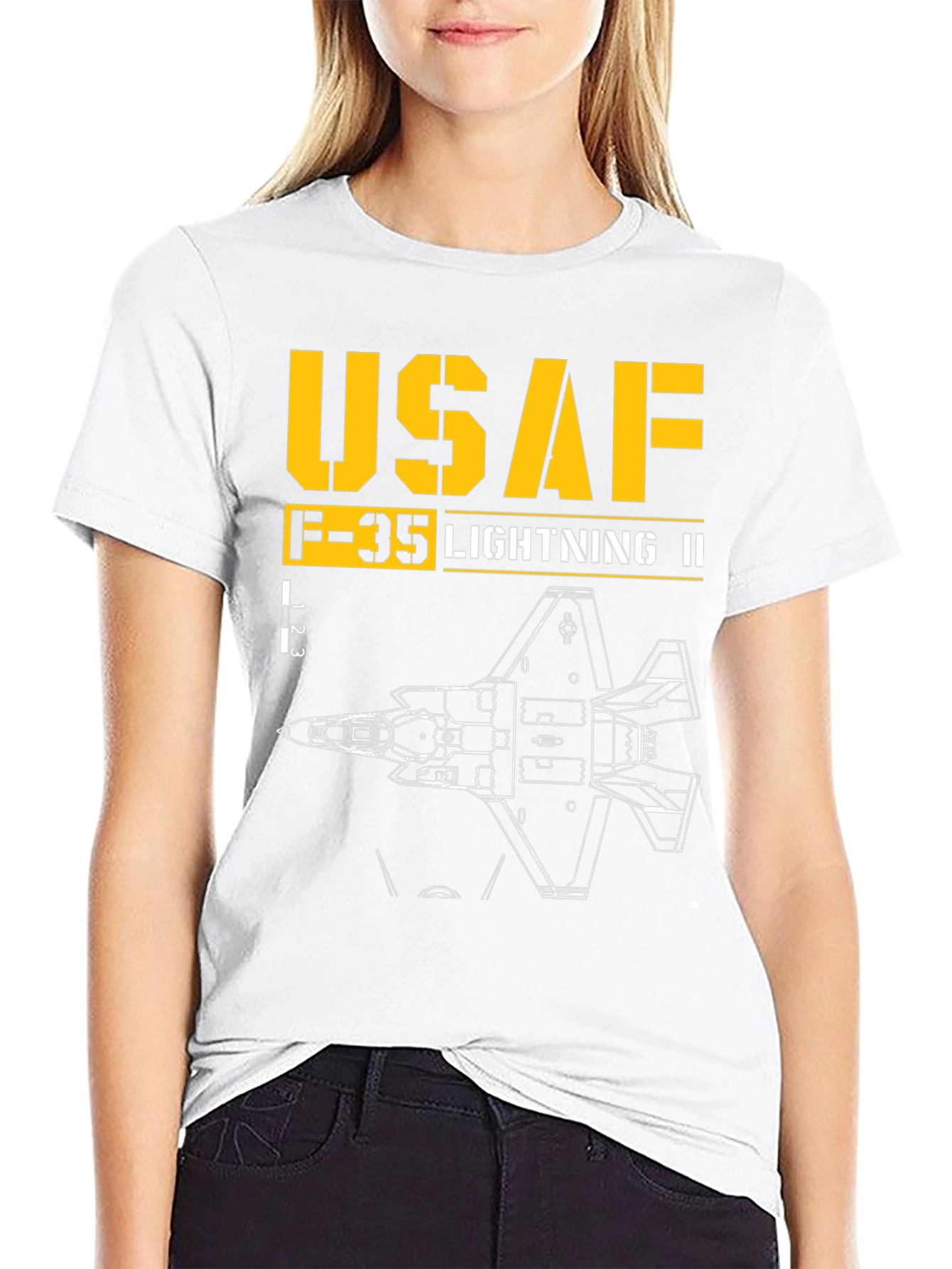 Black USAF F-35 Lightning II Blueprint T-Shirt view 9