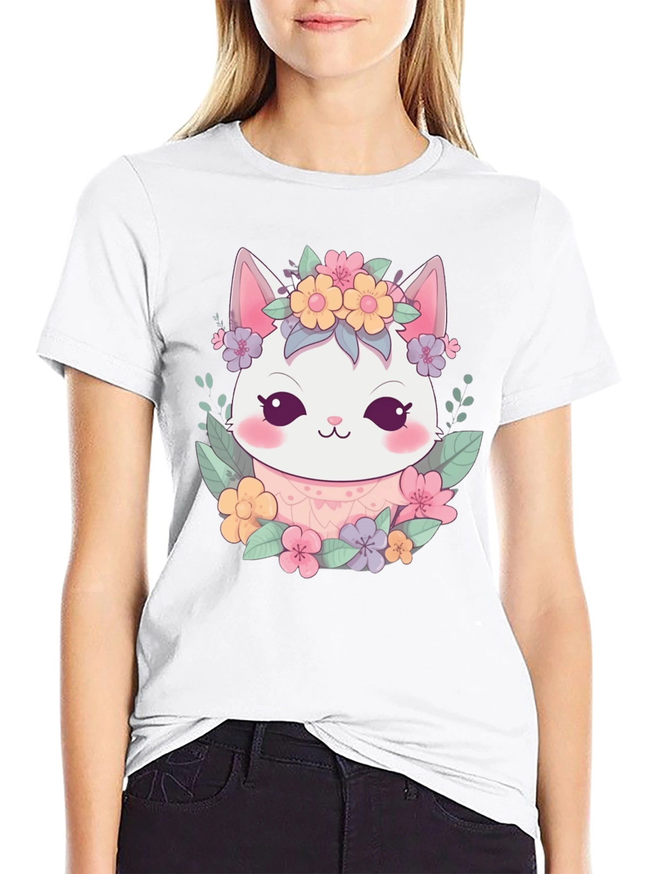 Black Cute Floral Cat Graphic T-Shirt view 9