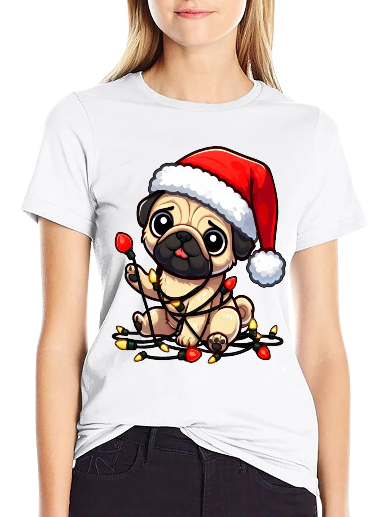 Black Festive Pug Christmas Lights Graphic Tee view 9