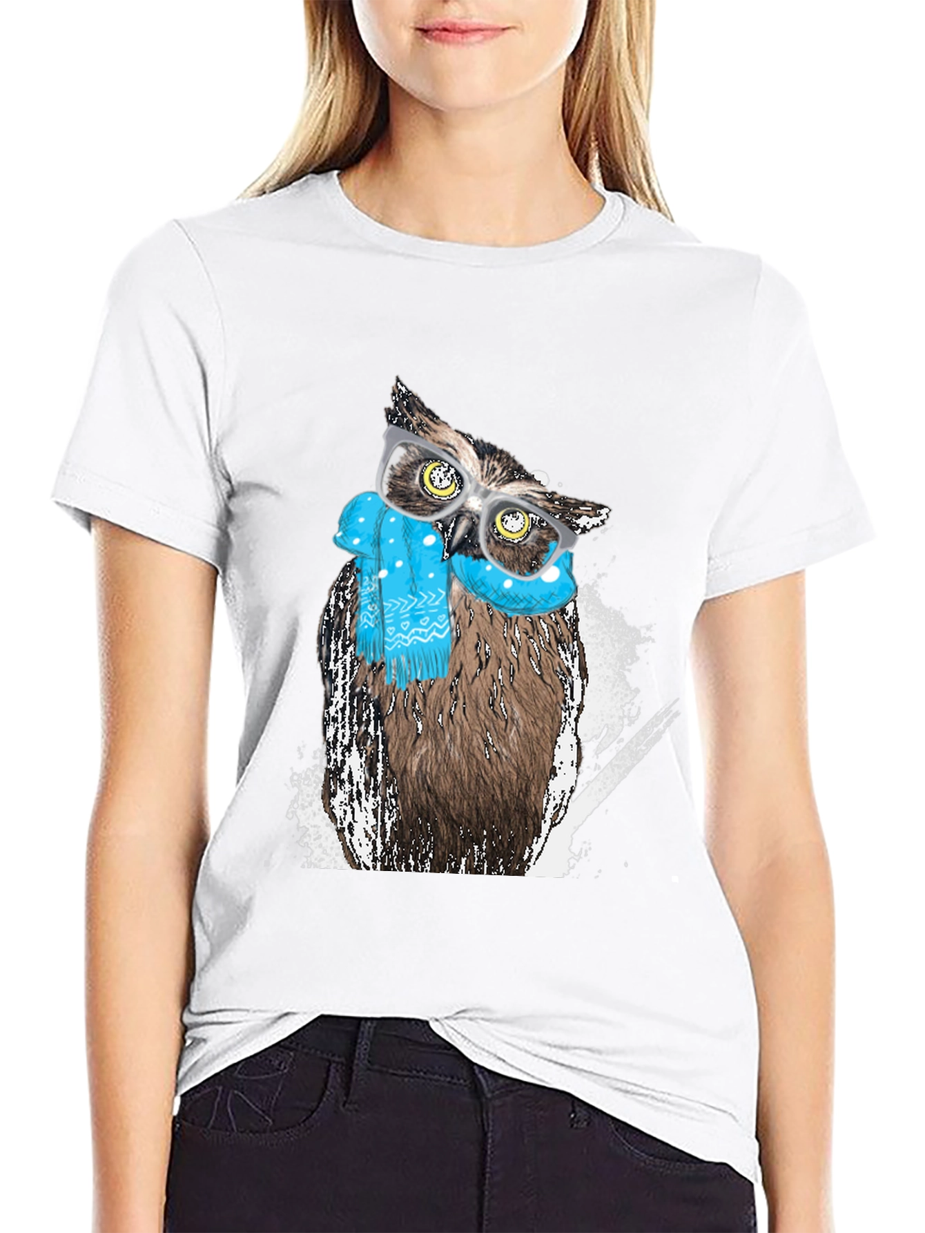 Black Owl with Glasses Graphic Print T-Shirt view 9