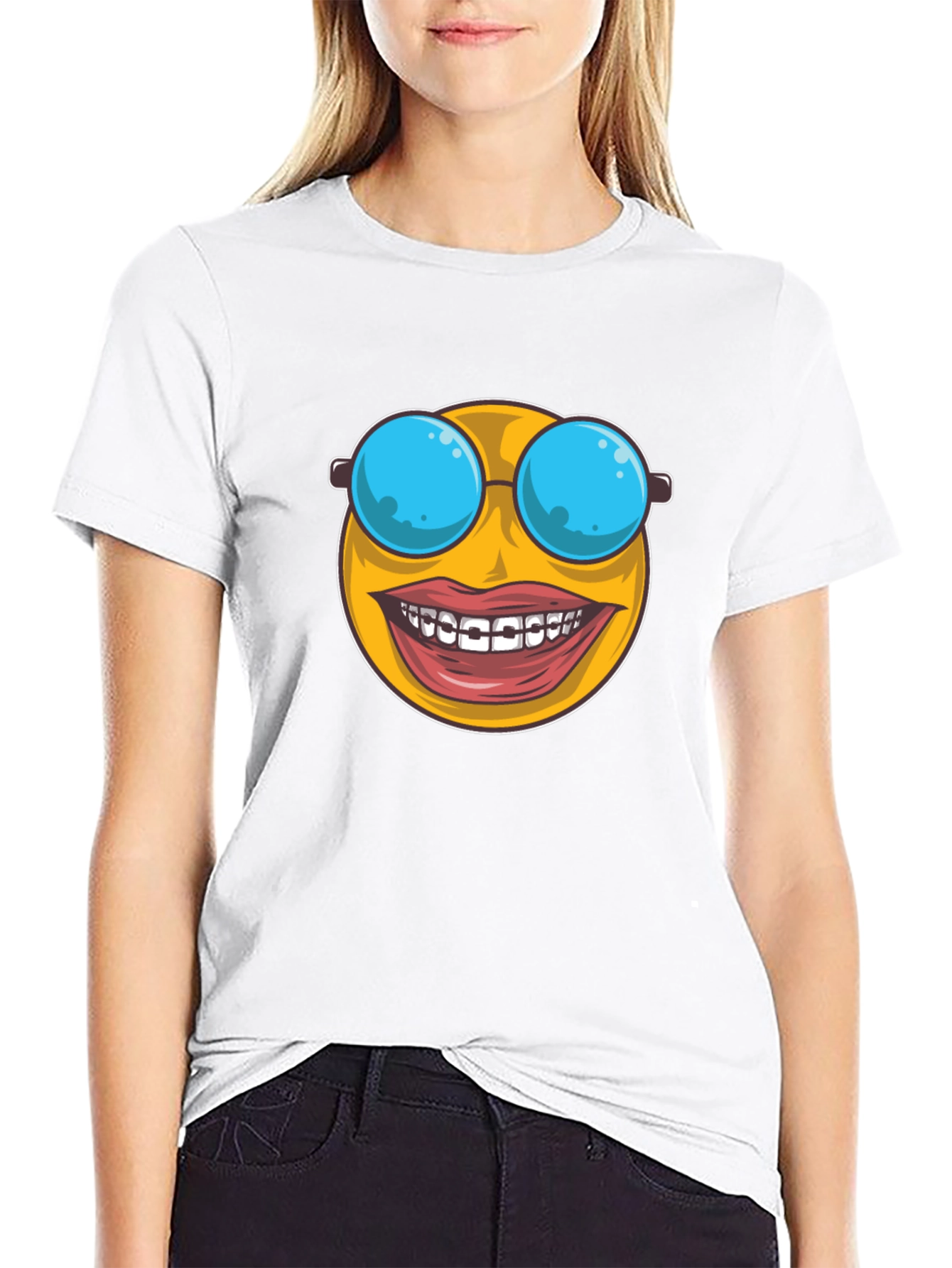 Black Funny Emoji T-Shirt - Braces & Sunglasses view 9