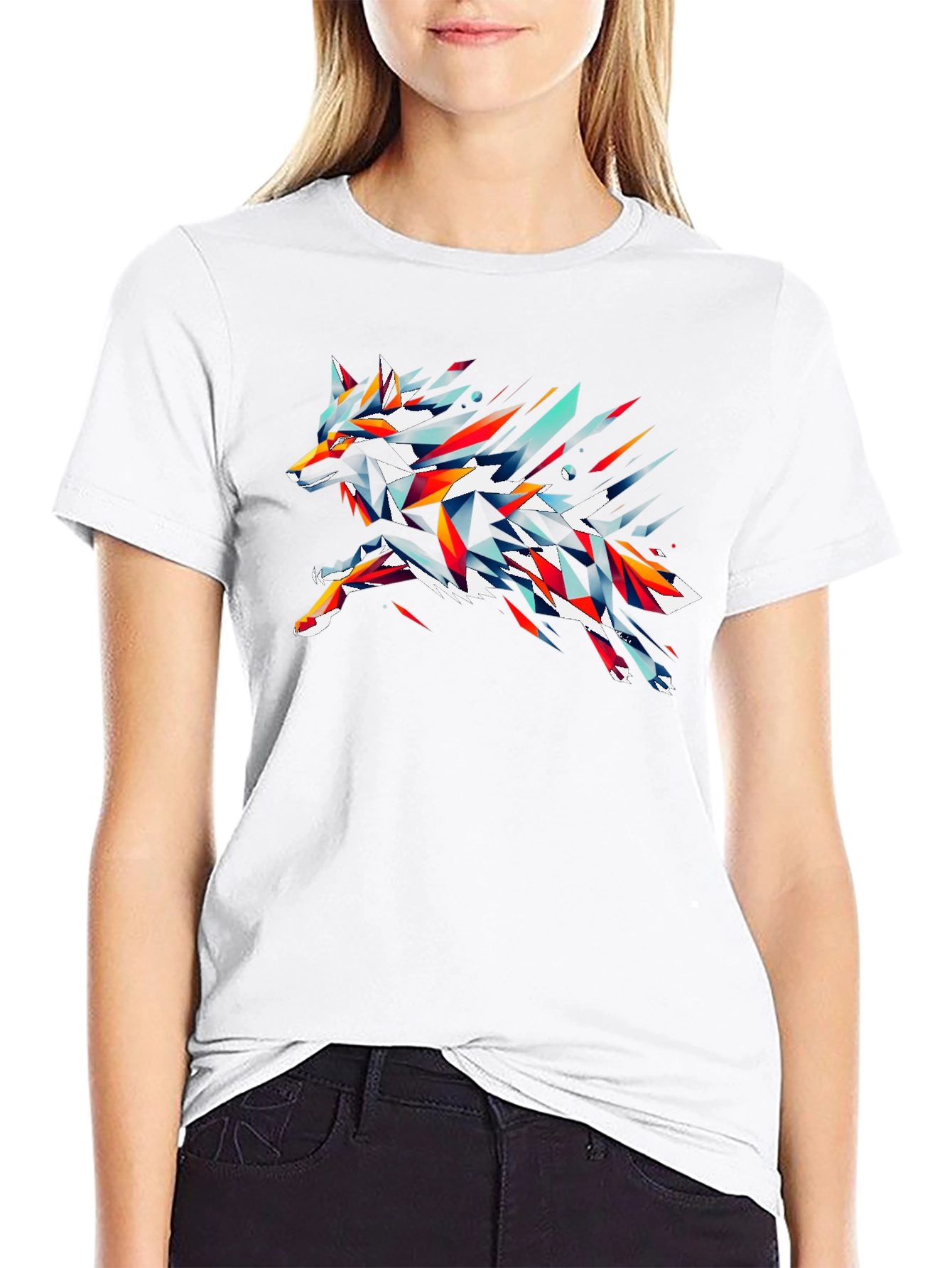 Black Abstract Geometric Wolf Graphic T-Shirt - Black view 9