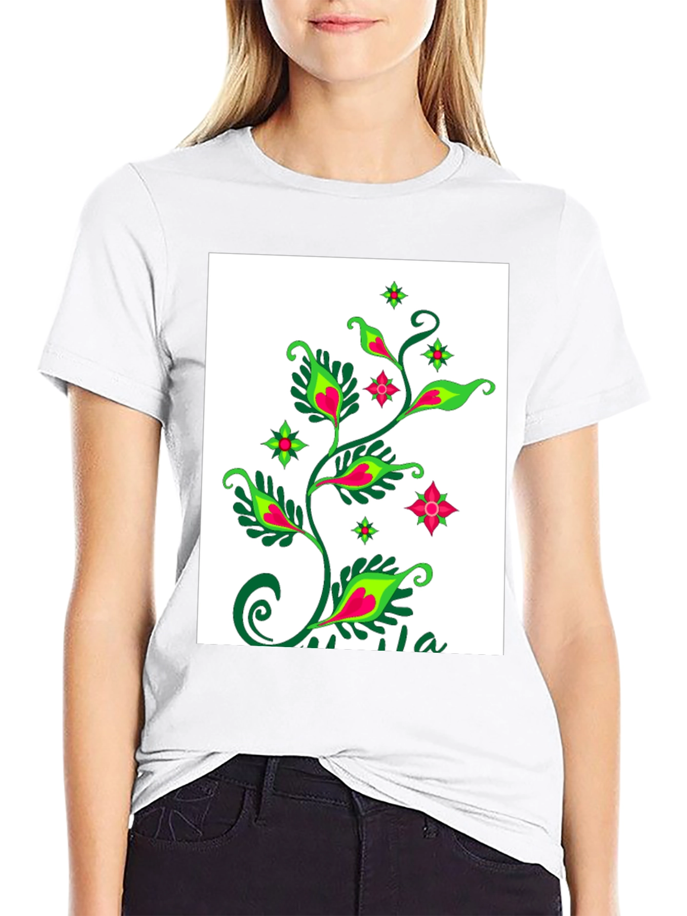 Black Black T-Shirt with Floral Plant Design view 9