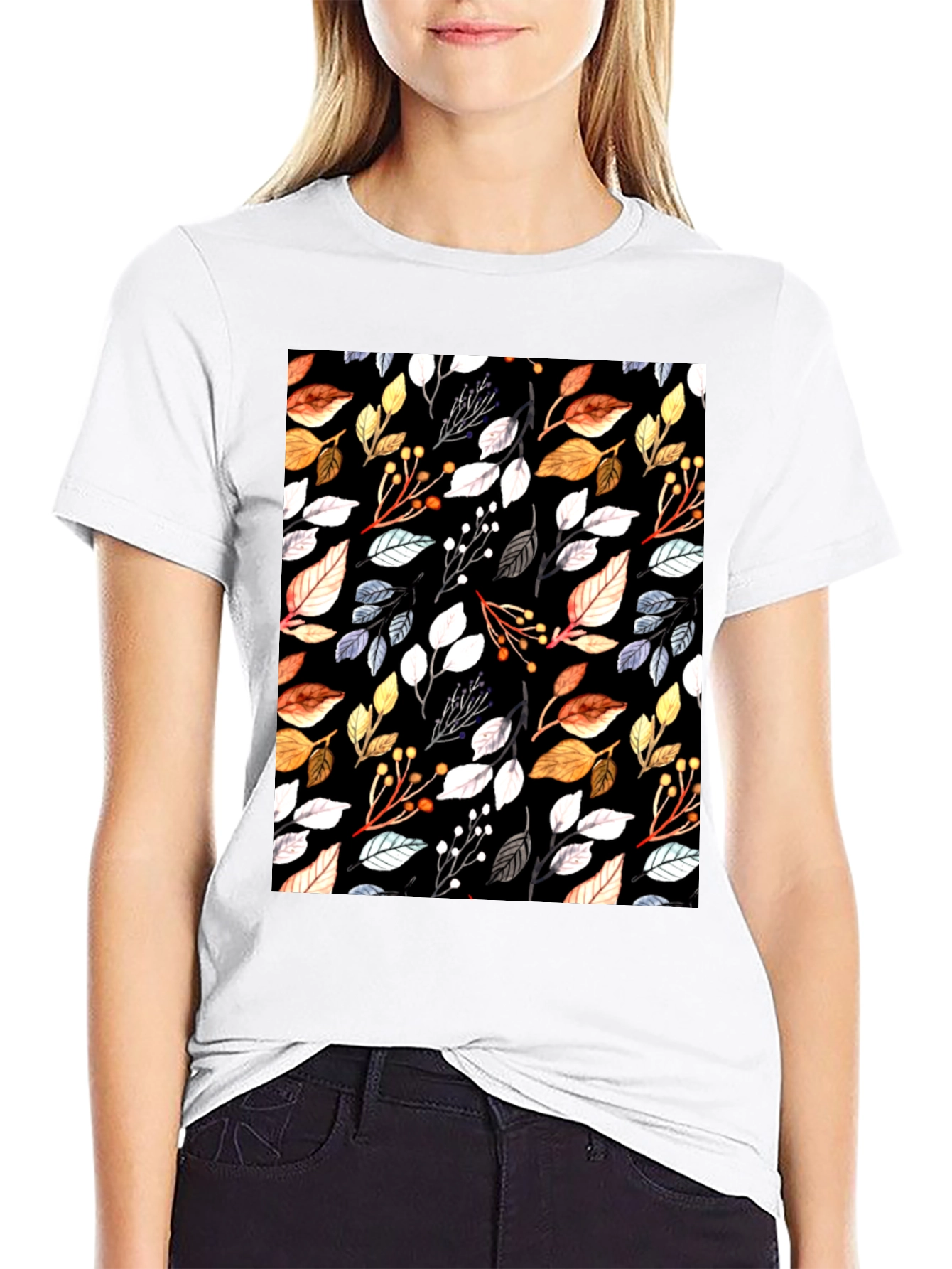 Black Autumn Leaf Print Black T-Shirt view 9