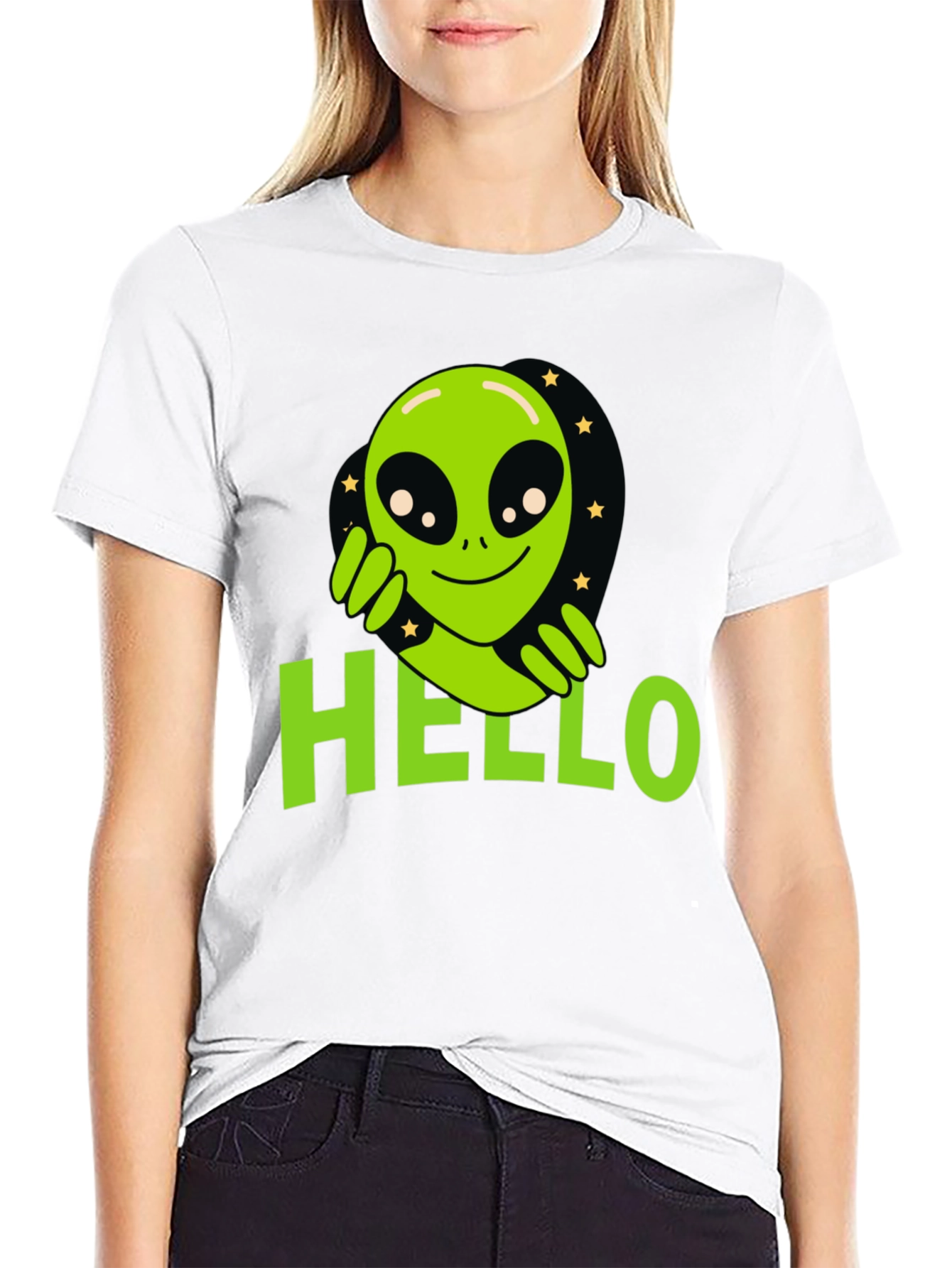 Black Alien Hello T-Shirt - Black Graphic Tee view 9