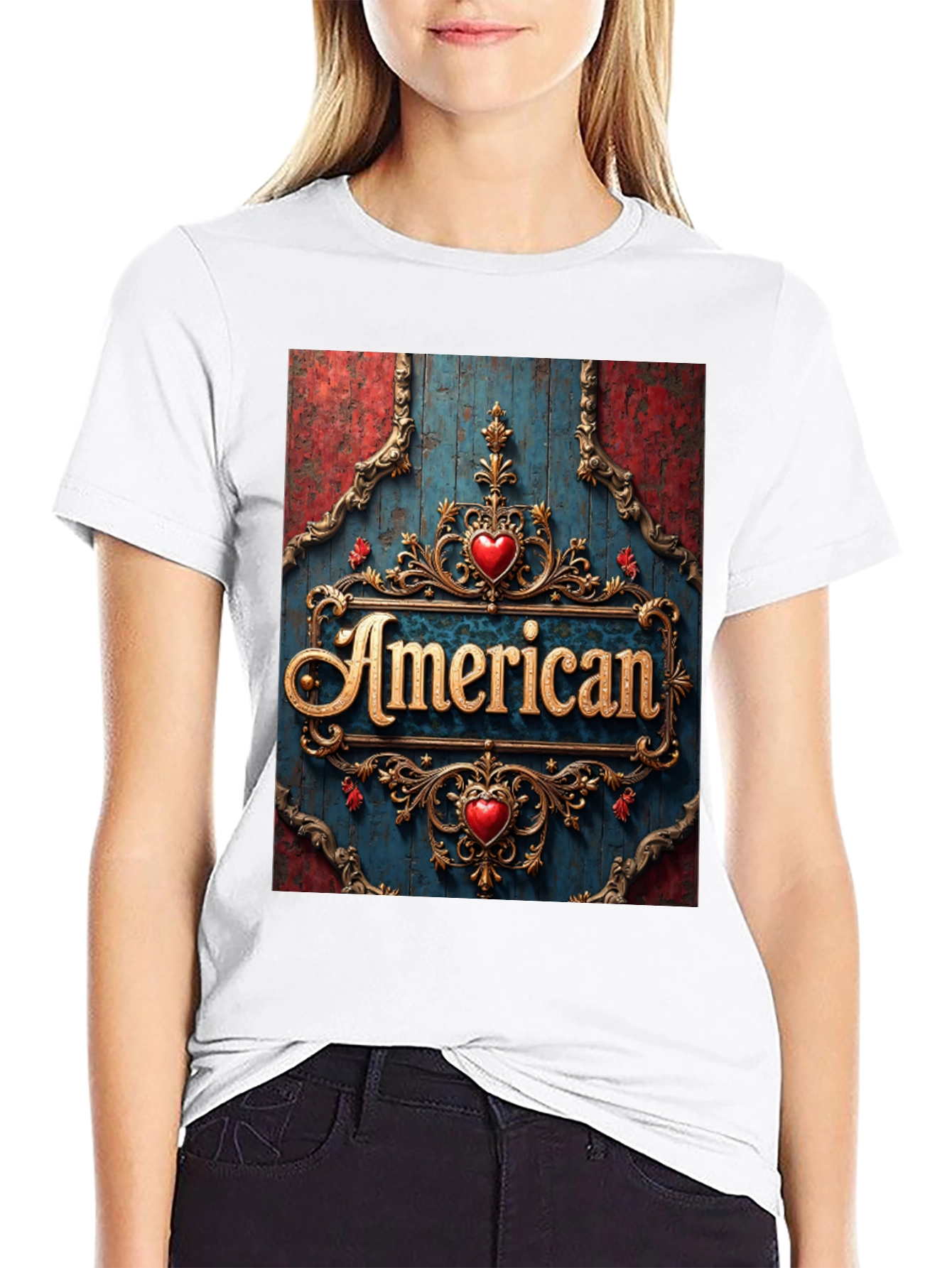 Black American Pride T-Shirt: Ornate Heart Design view 9