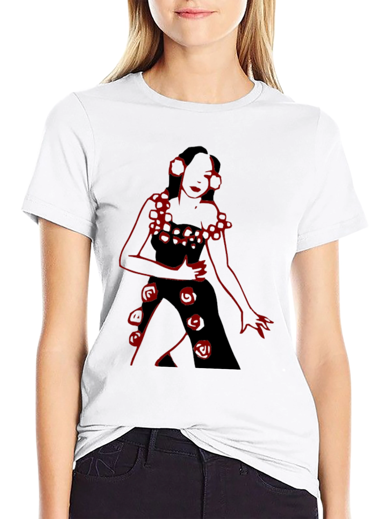 Black Unique Black T-Shirt with Red Rose Lady Design view 9