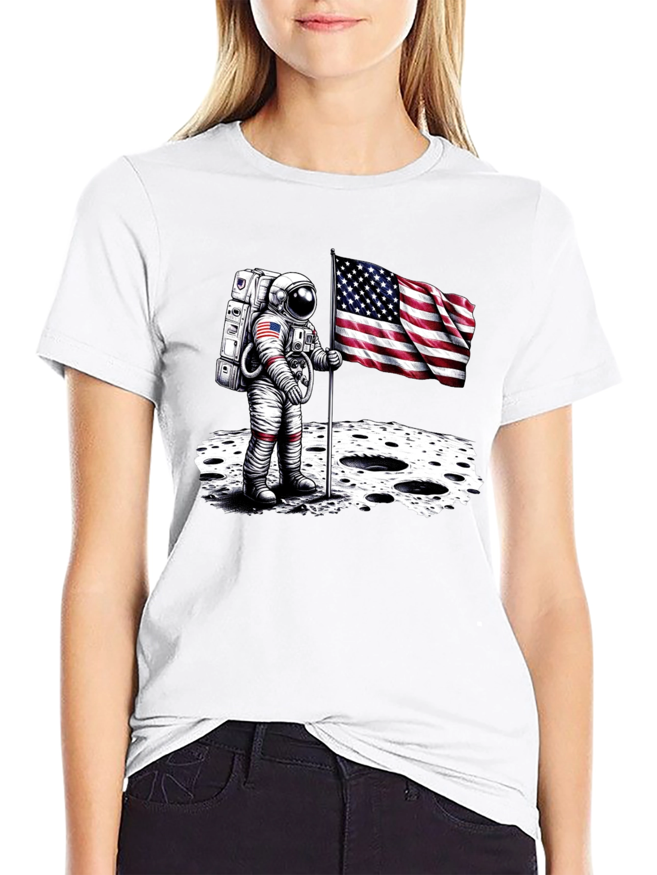 Black Astronaut American Flag T-Shirt - Moon Landing view 9
