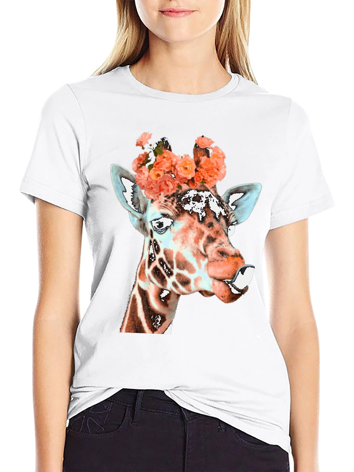 Black Giraffe Floral Crown Graphic Tee - Unique Animal Shirt view 9