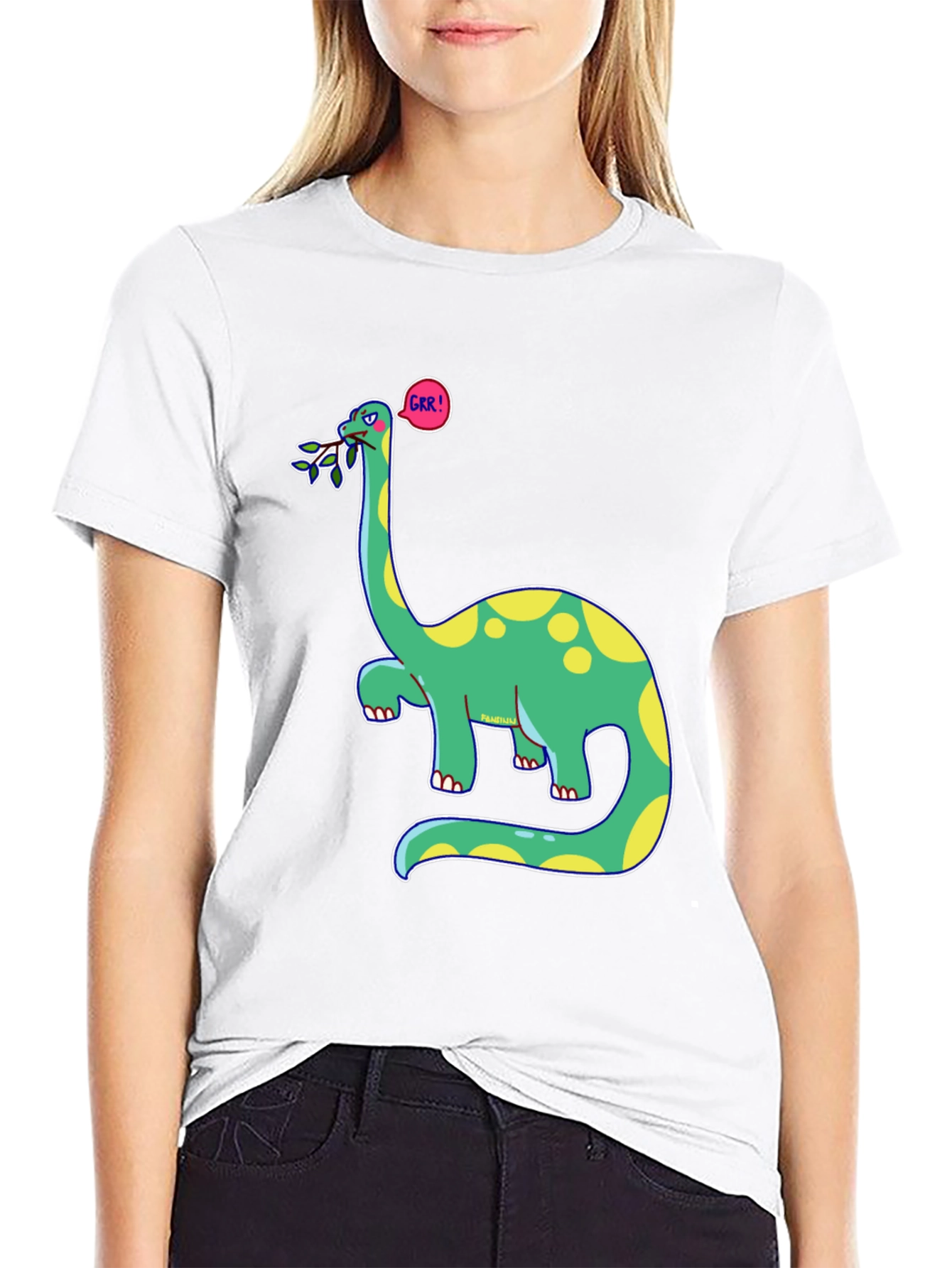 Black Dino GRR! Black T-Shirt - Cartoon Brontosaurus Tee view 9