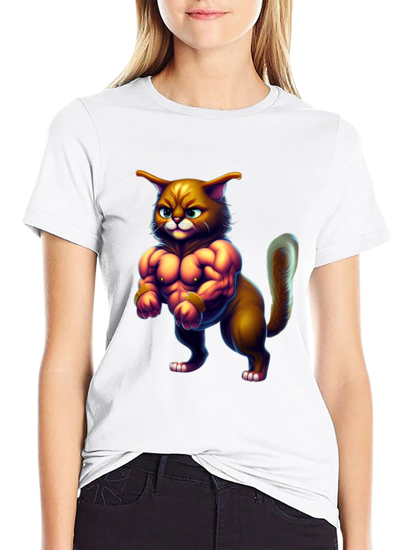 Black Buff Cat Graphic Tee - Funny Gym Cat T-Shirt view 9