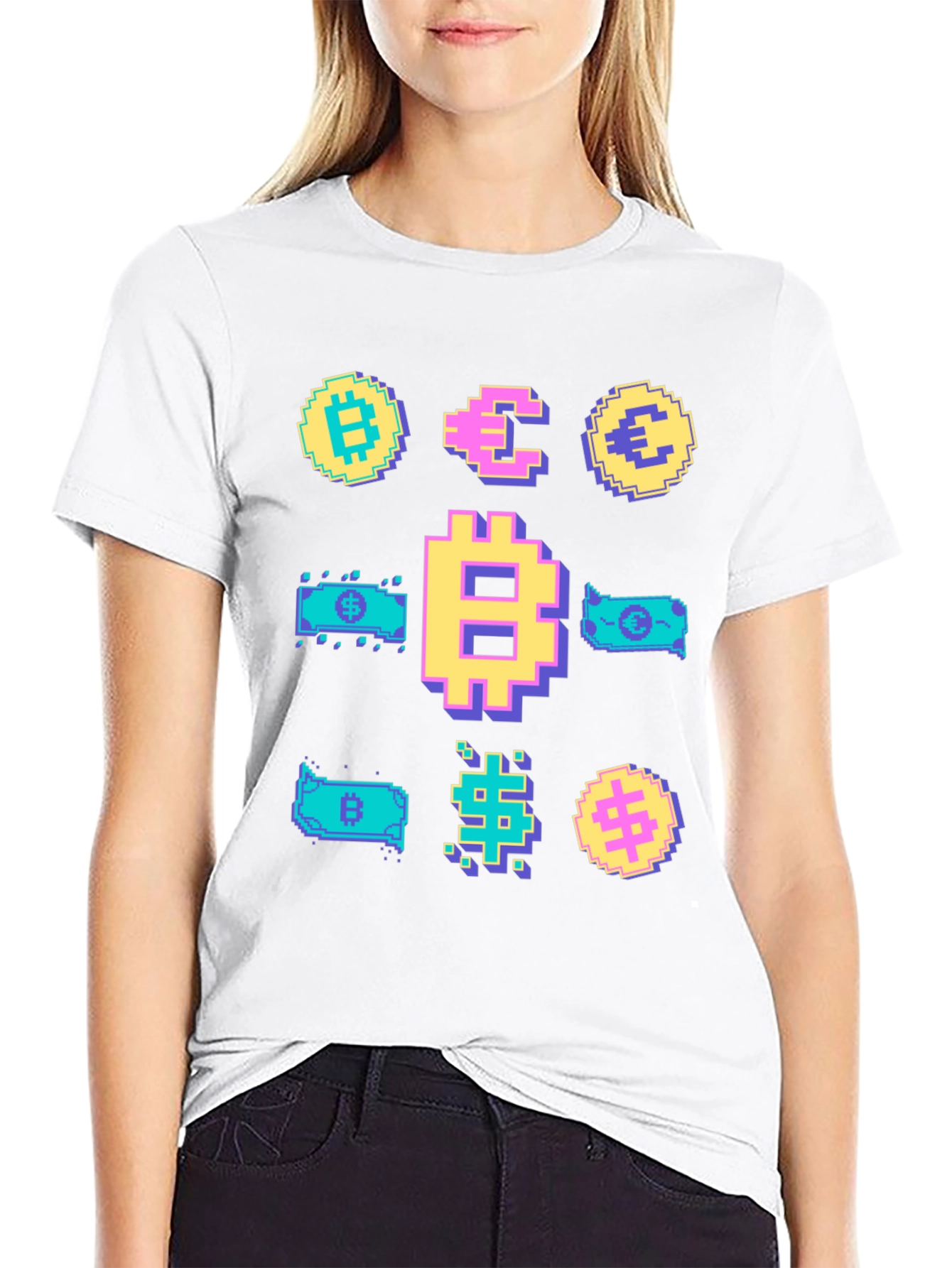 Black Crypto Pixel Art T-Shirt: Bitcoin, Euro, Dollar view 9