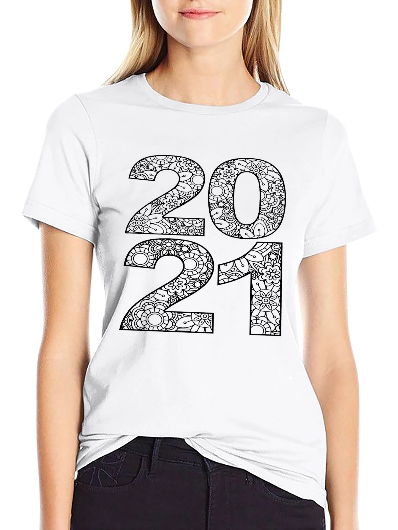 Black 2021 Floral Pattern Black T-Shirt view 9