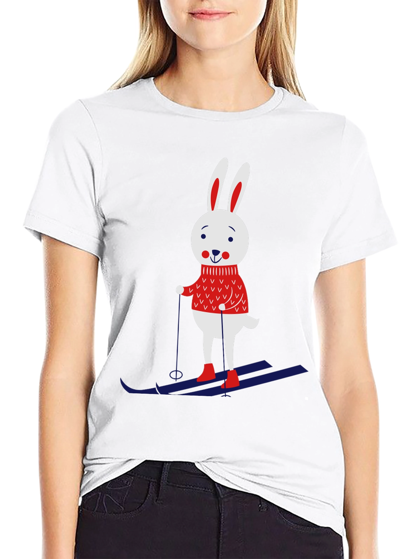 Black Skiing Rabbit Graphic Tee - Black Cotton T-Shirt view 9