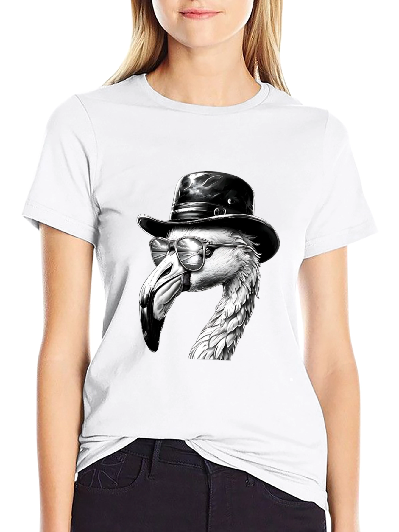 Black Flamingo Fedora Tee - Cool Bird Graphic T-Shirt view 9