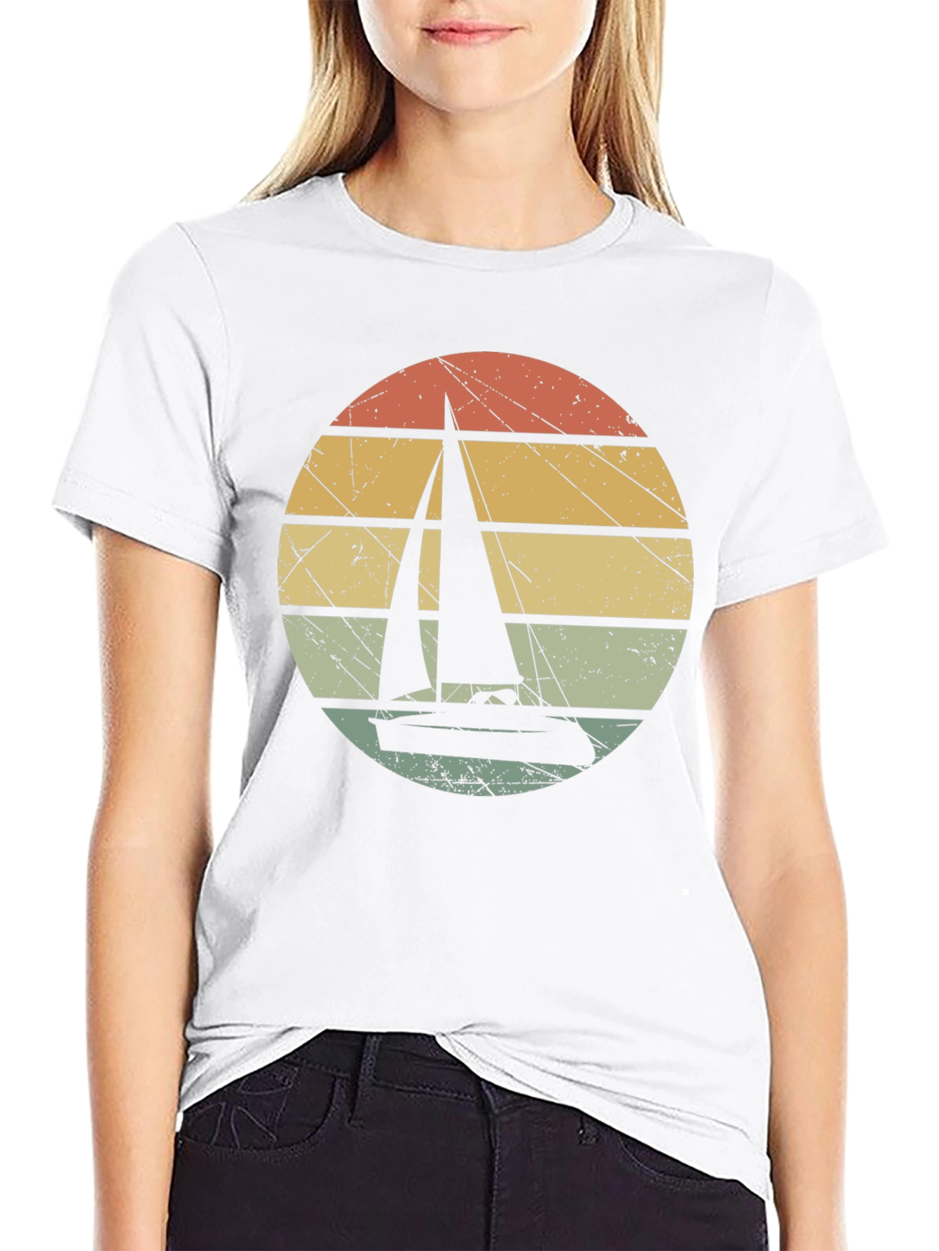 Black Vintage Sunset Sailboat Graphic T-Shirt view 9