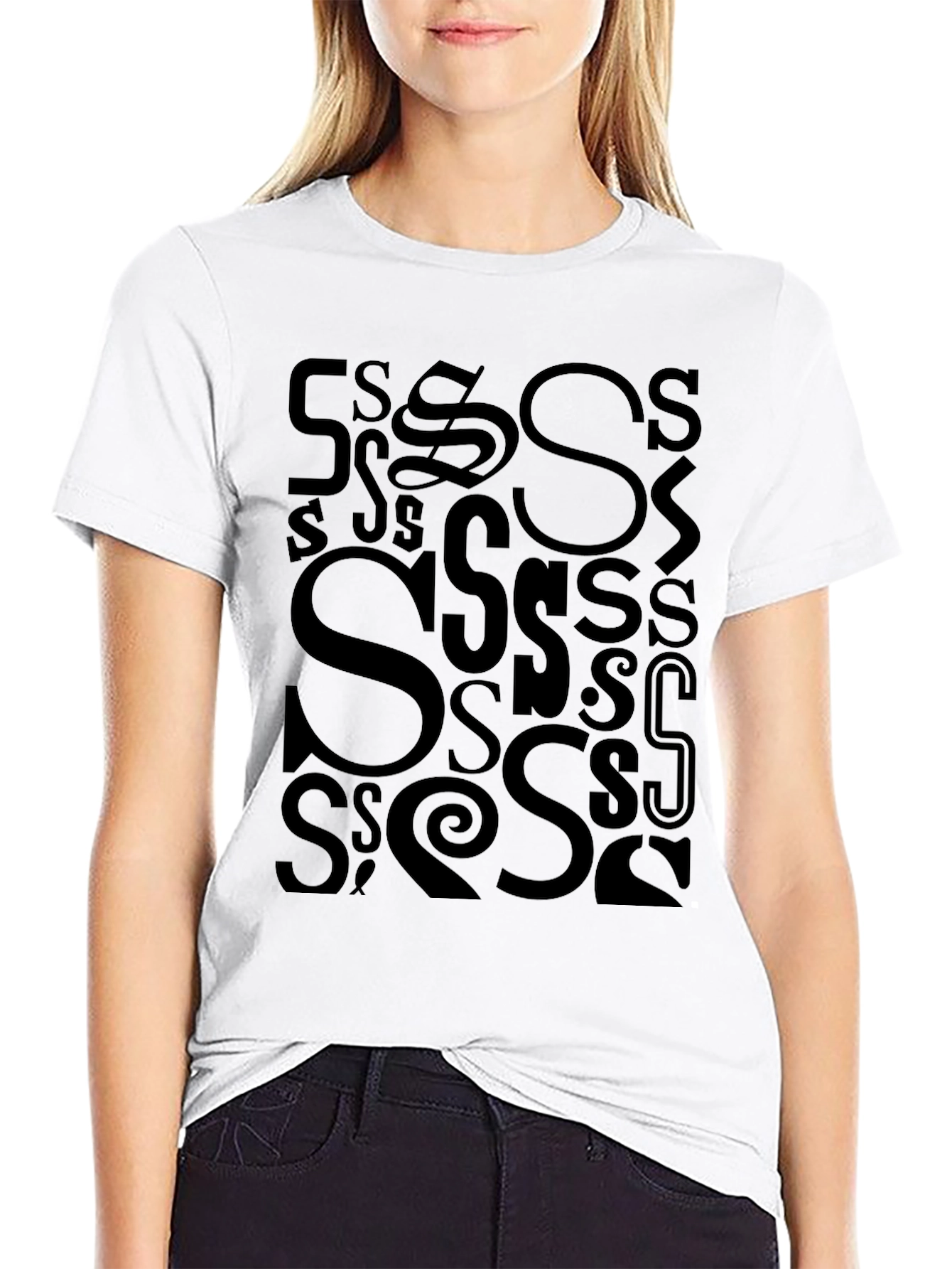 Black S Letter Print T-Shirt - Casual Cotton Tee view 9