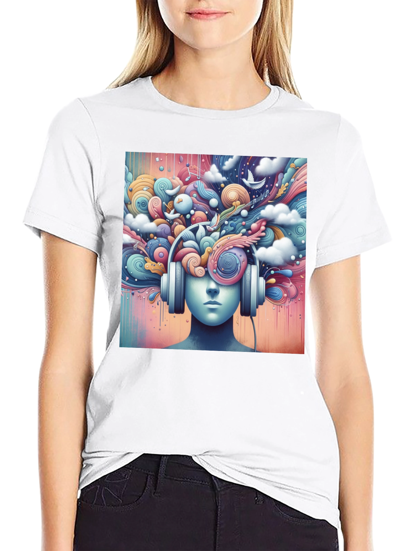 Black Mindful Music Tee - Artistic Headphone Design view 9