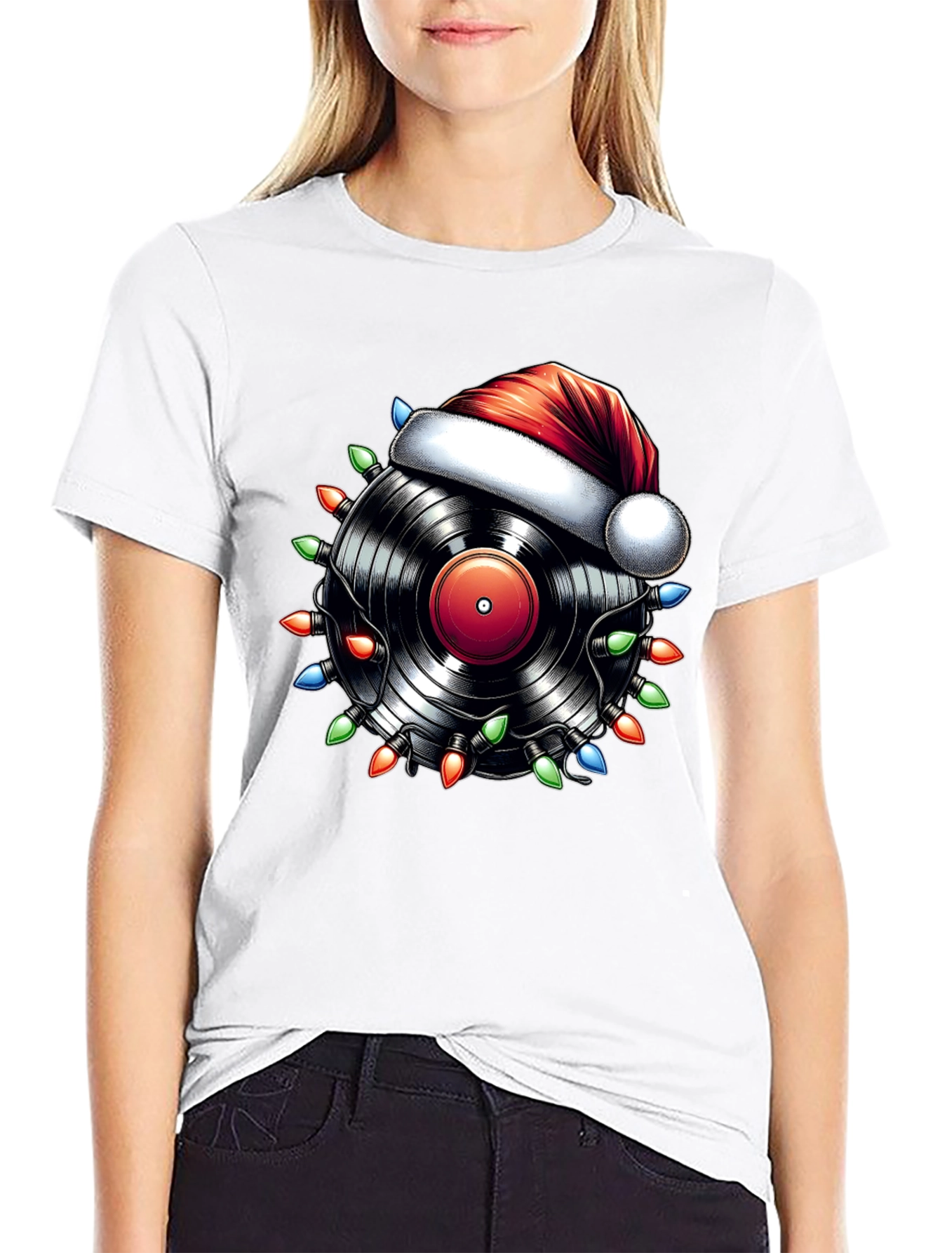 Black Festive Vinyl Record Santa Hat T-Shirt view 9